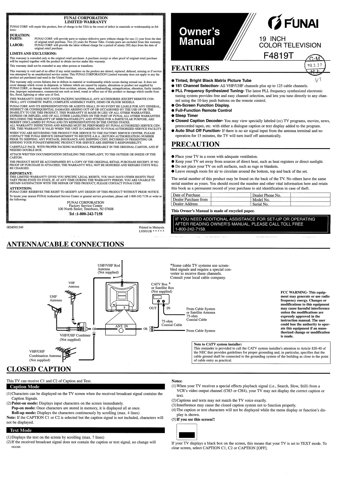 FUNAI F4819T User Manual