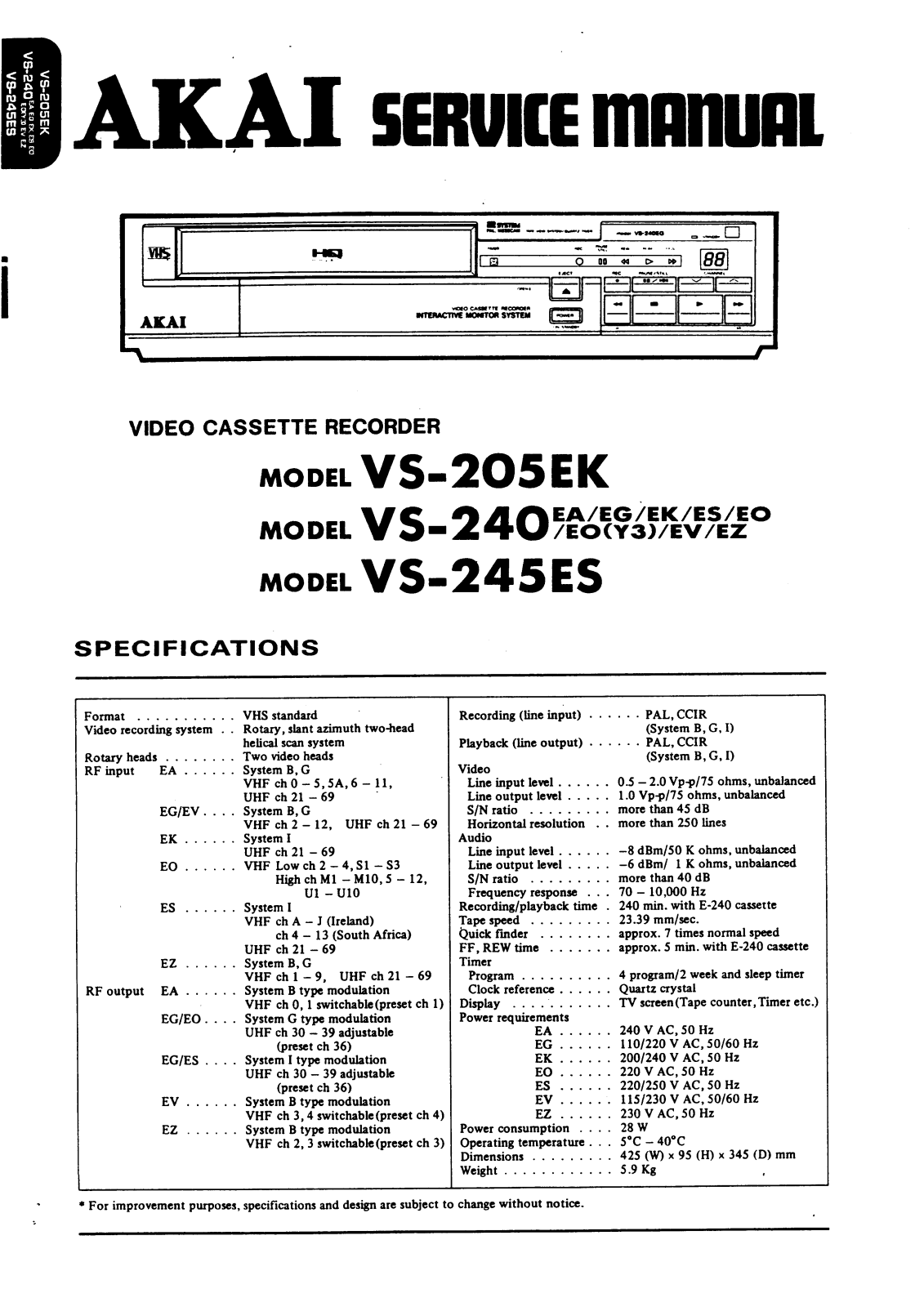 Akai VS-245ES, VS-240, VS-205EK Service Manual
