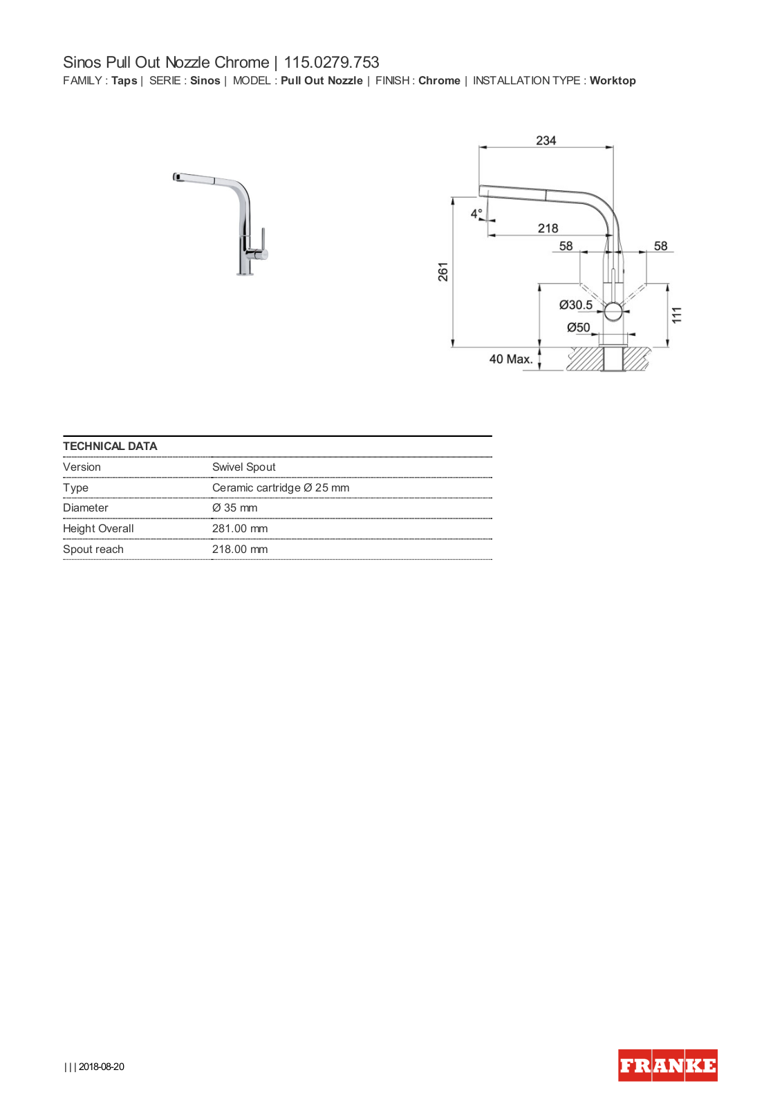 Franke TA6301 Specifications Sheet