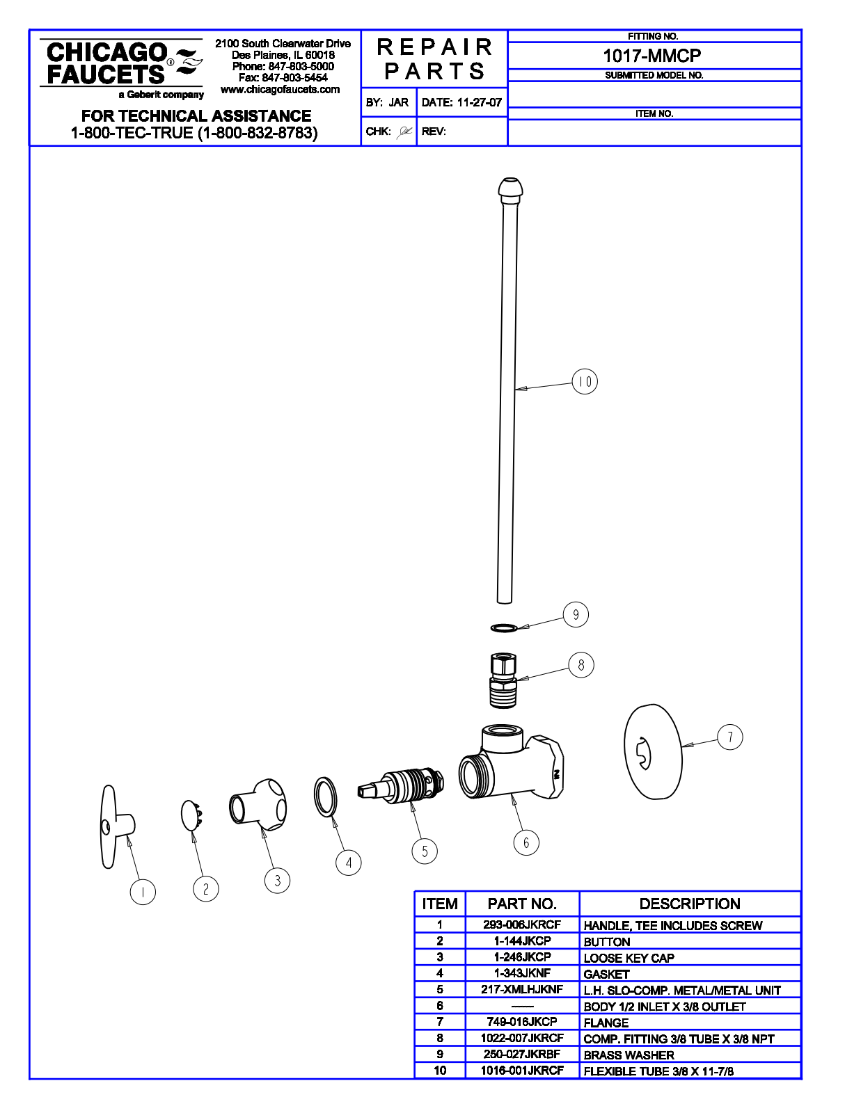 Chicago Faucet 1017-MMCP Parts List