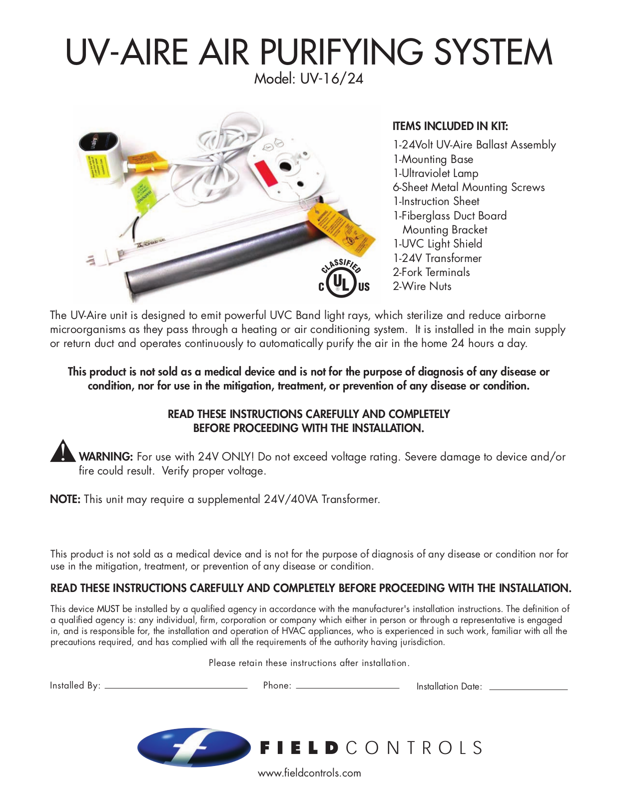 Field Controls UV-16-24 User Manual