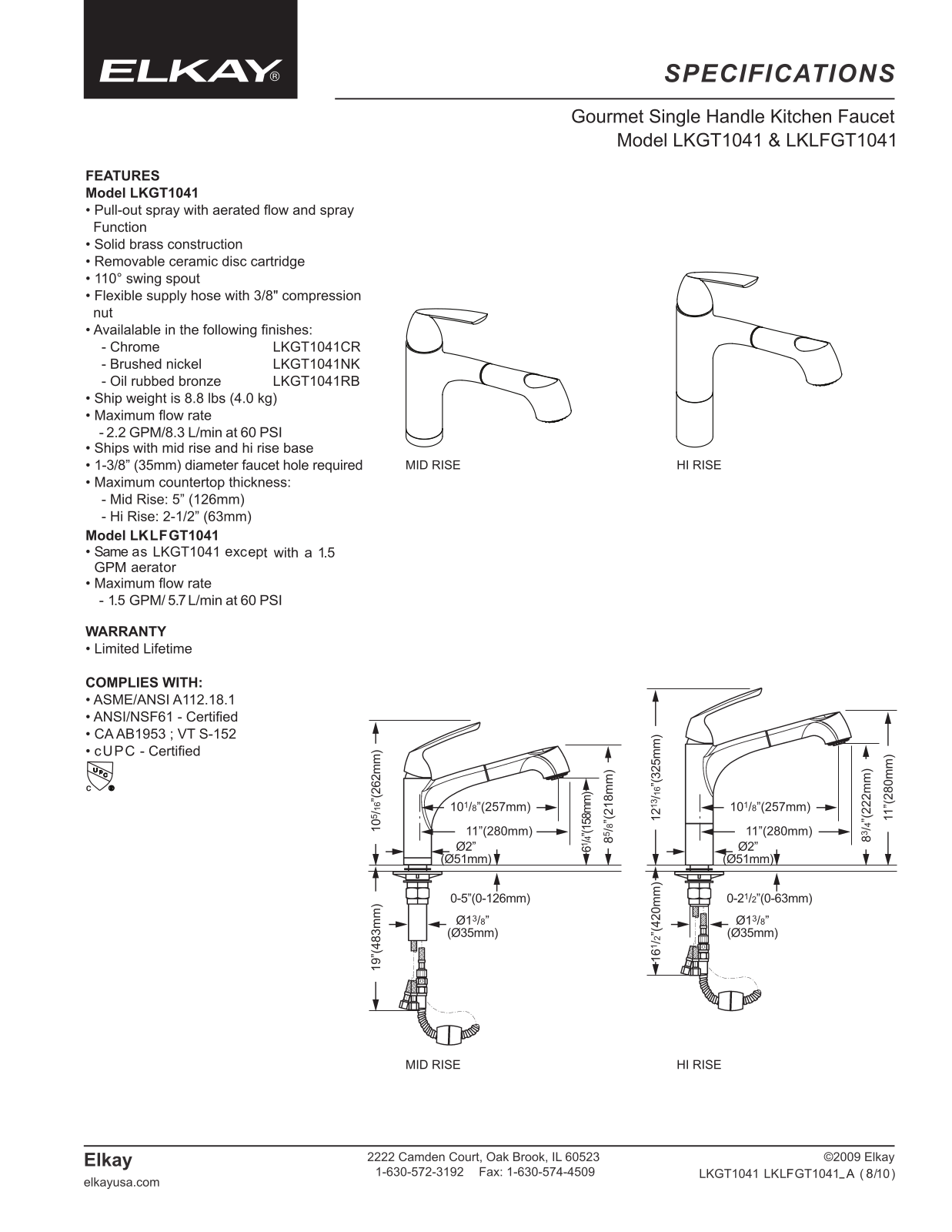 Elkay LKGTPKG1CR Specs