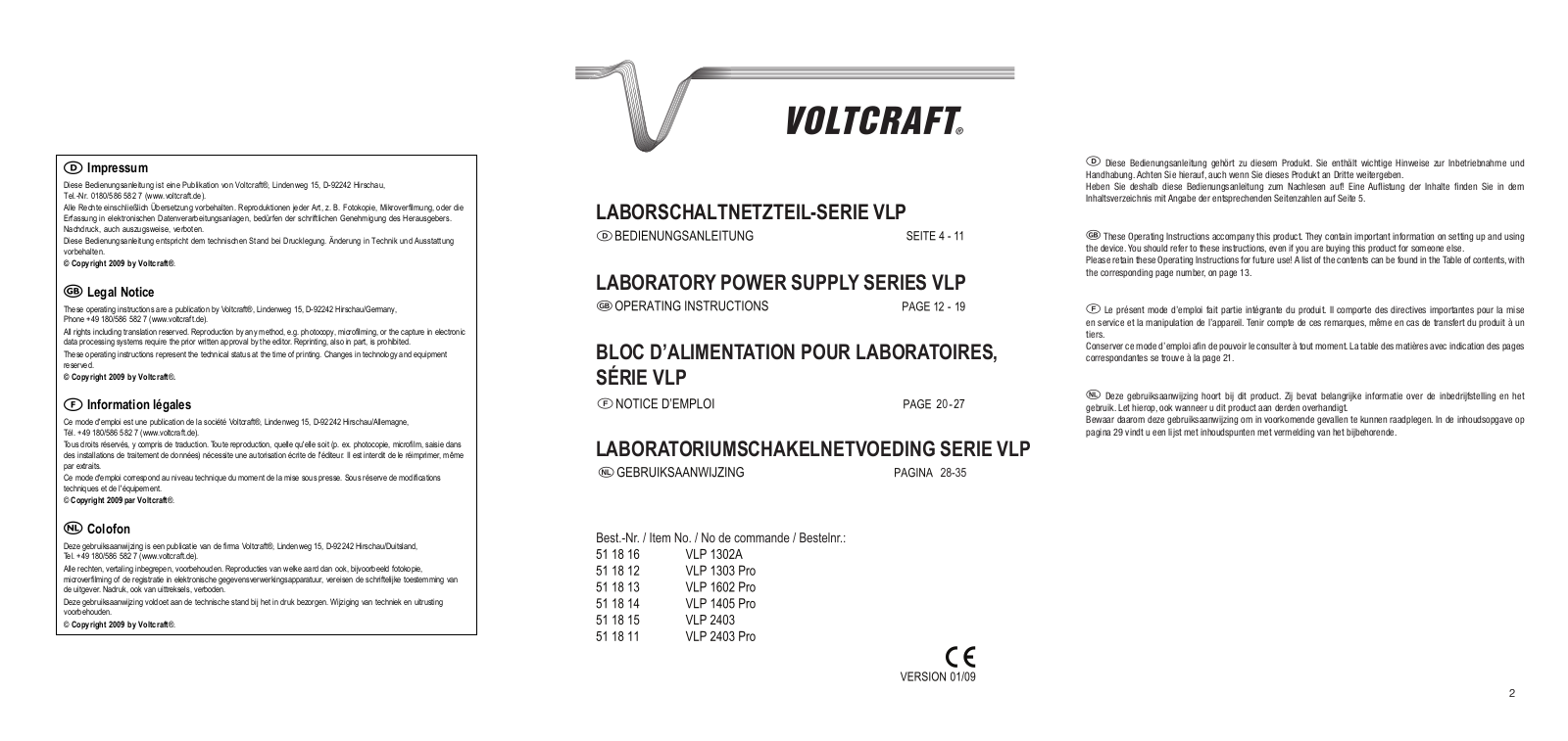VOLTCRAFT VLP 1302A, VLP 1303 Pro, VLP 1602 Pro, VLP 1405 Pro, VLP 2403 Operation Manual