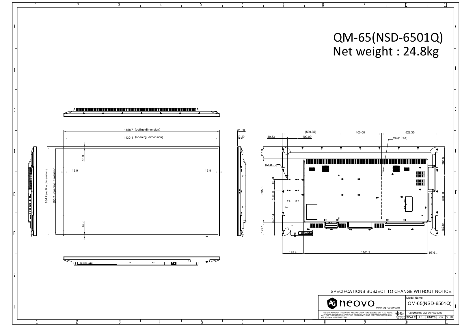 AG neovo QM-65 Dimensional drawing