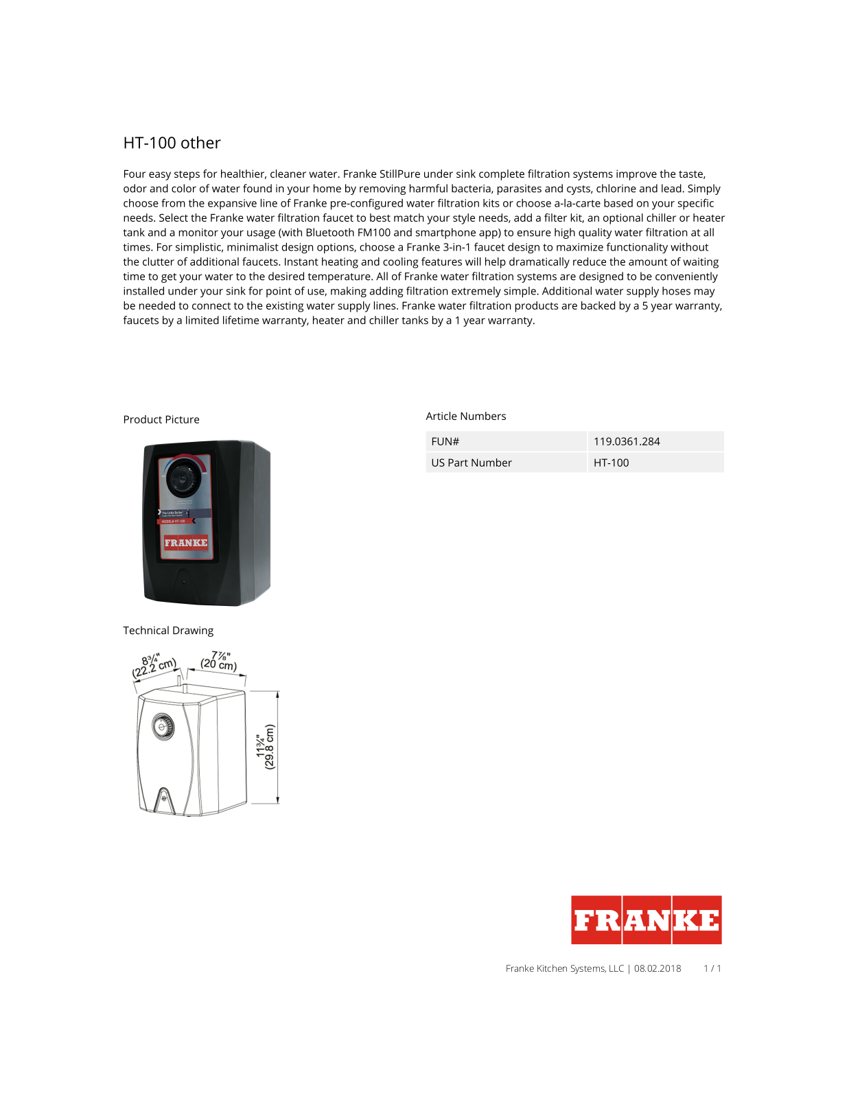 Franke HT100 Specs