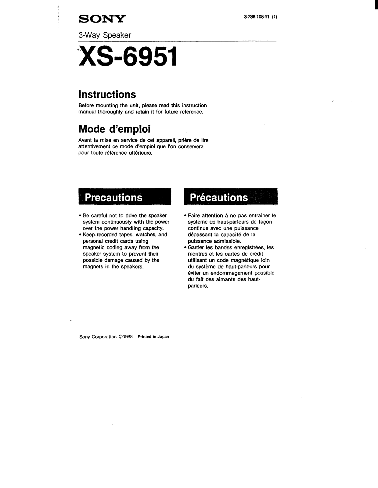 Sony XS-6951 Instructions  Manual