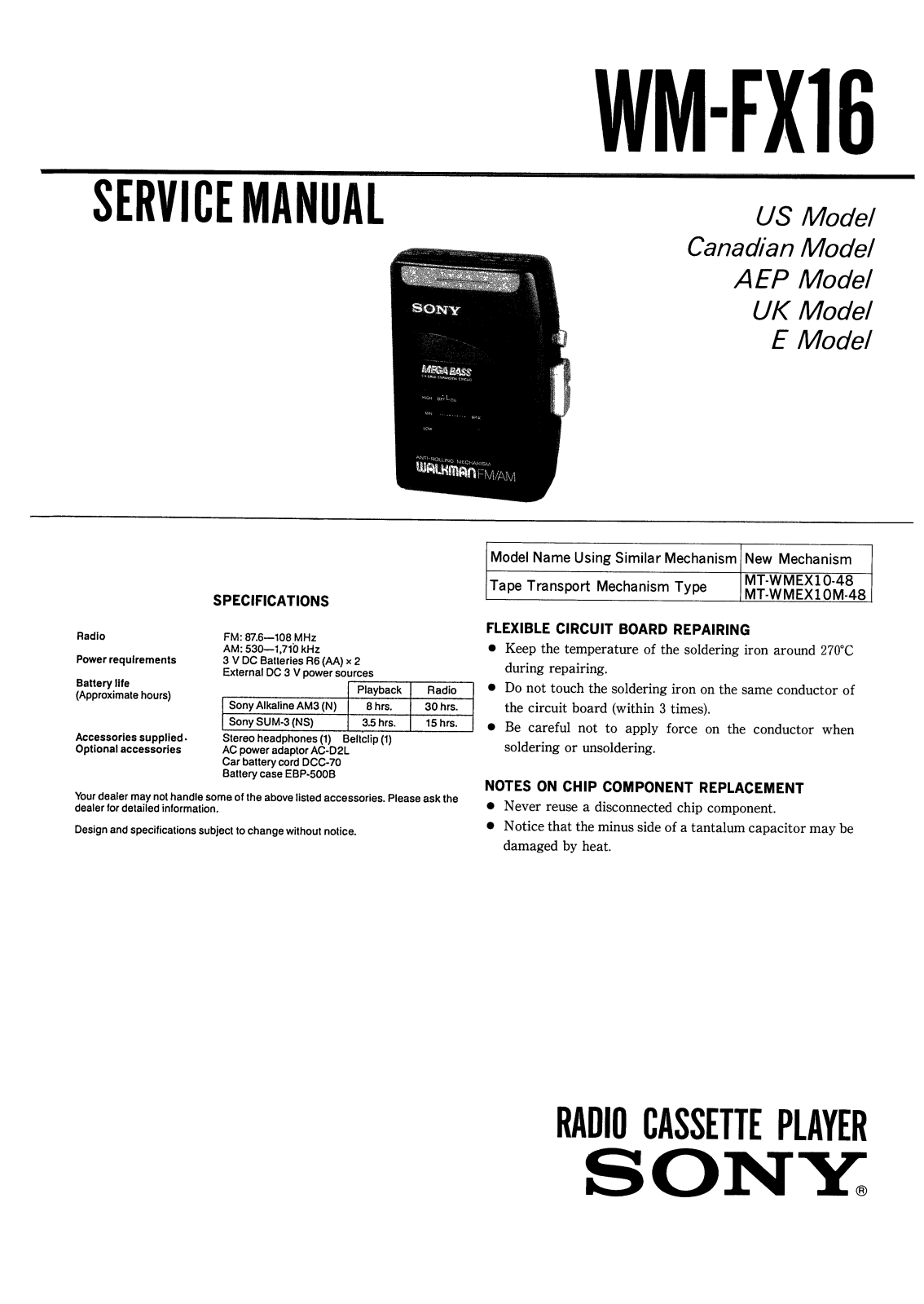 Sony WMFX-16 Service manual