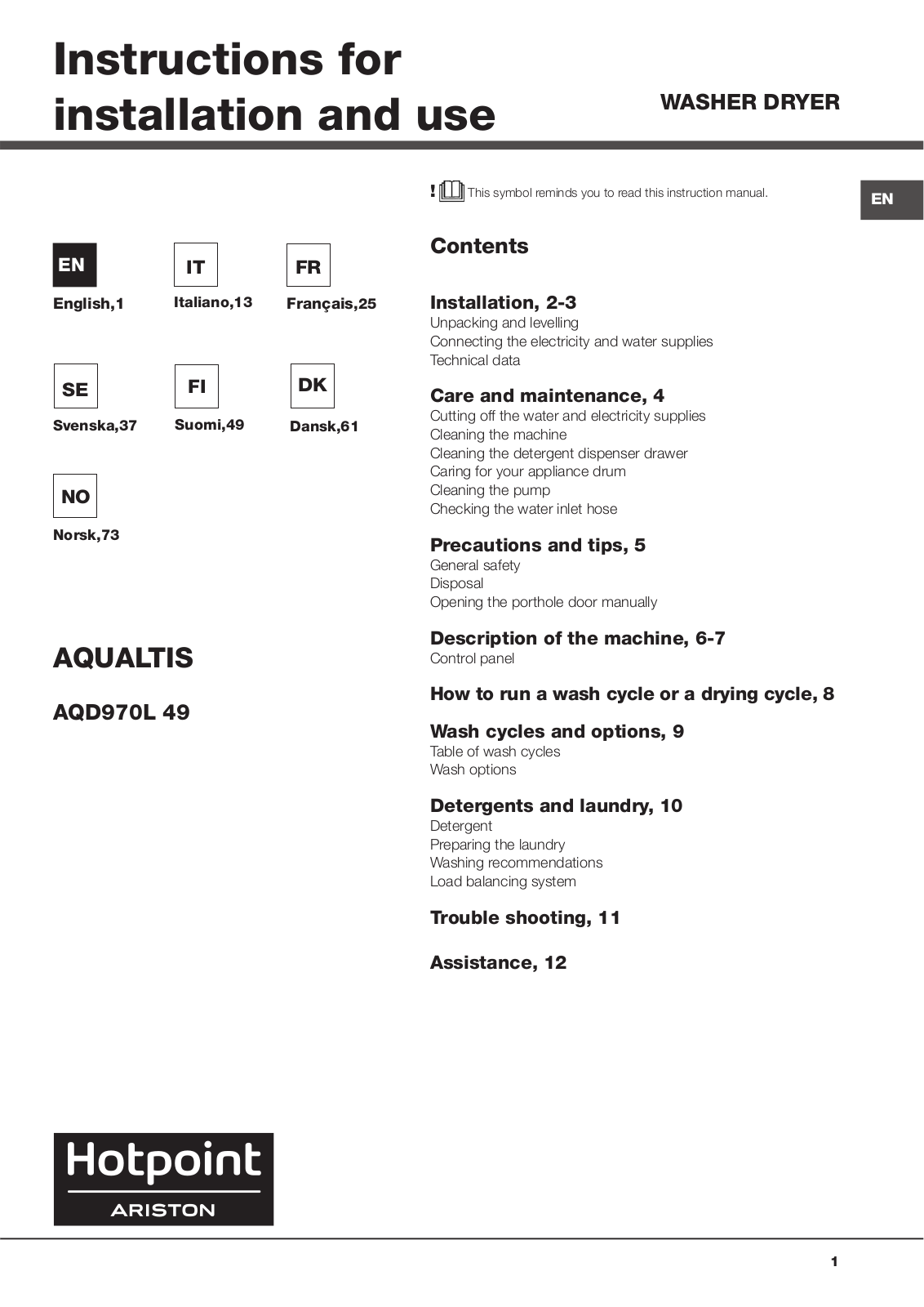 HOTPOINT/ARISTON AQD970L 49 EU User Manual