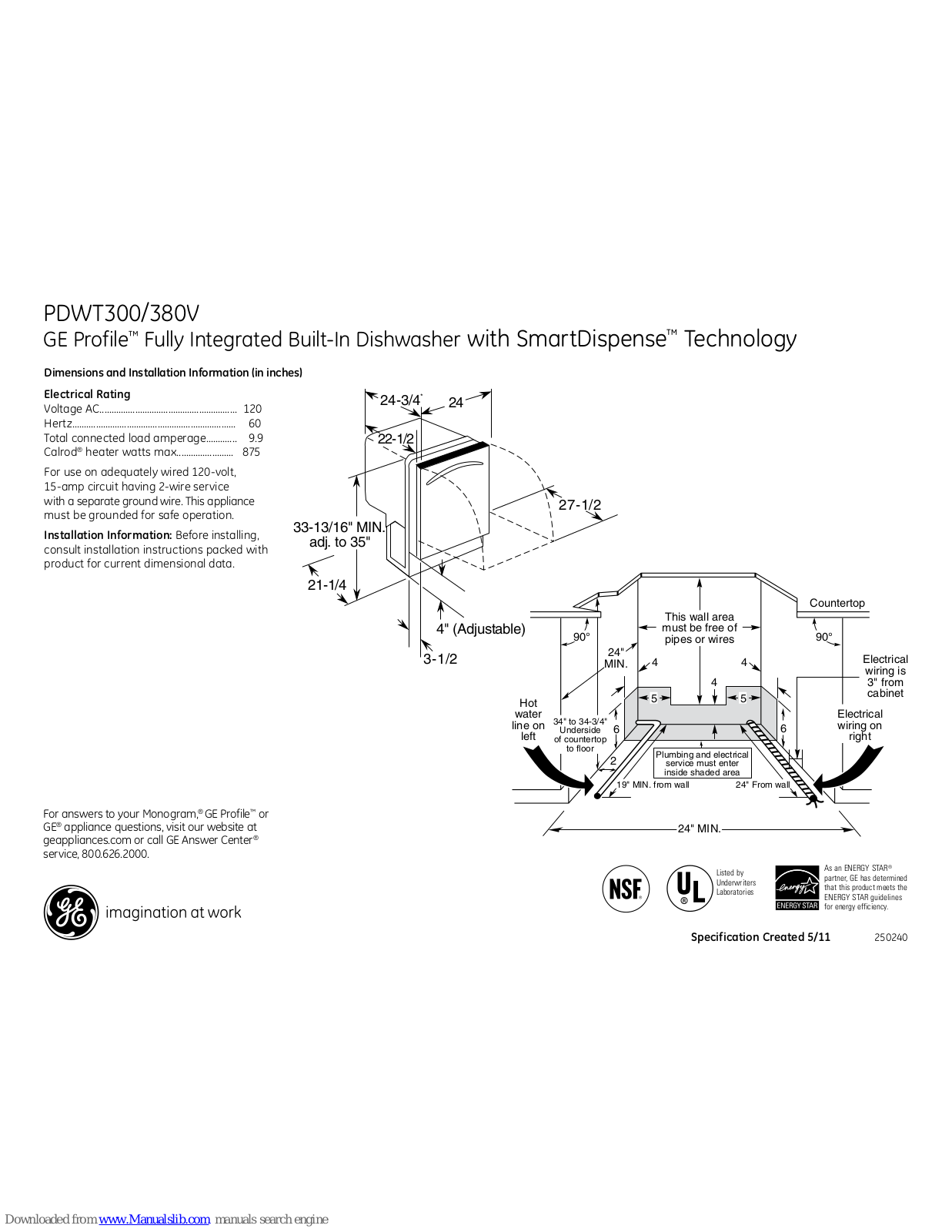 GE Profile PDWT300V, Profile PDWT380VSS, Profile PDWT380V, Profile PDWT300VWW, Profile PDWT300VBB Dimensions And Installation Information