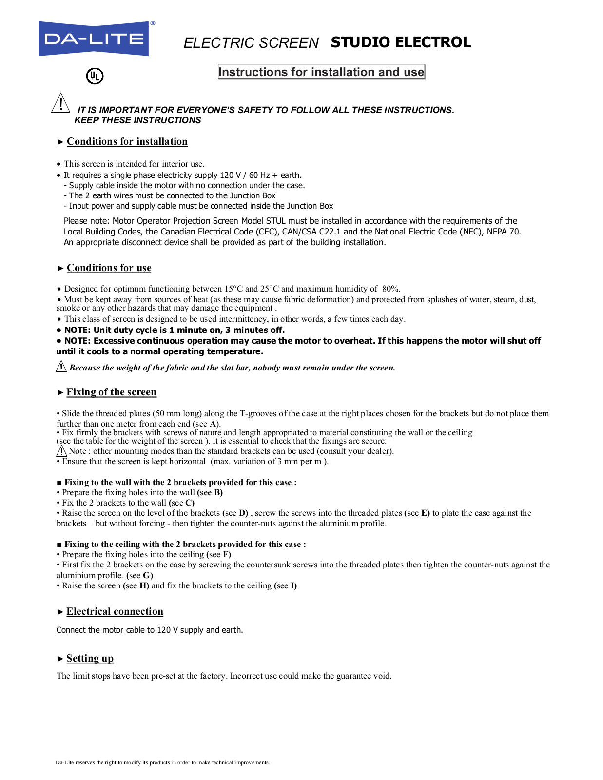 Da-Lite STUDIO ELECTROL Instructions For Installation And Use Manual