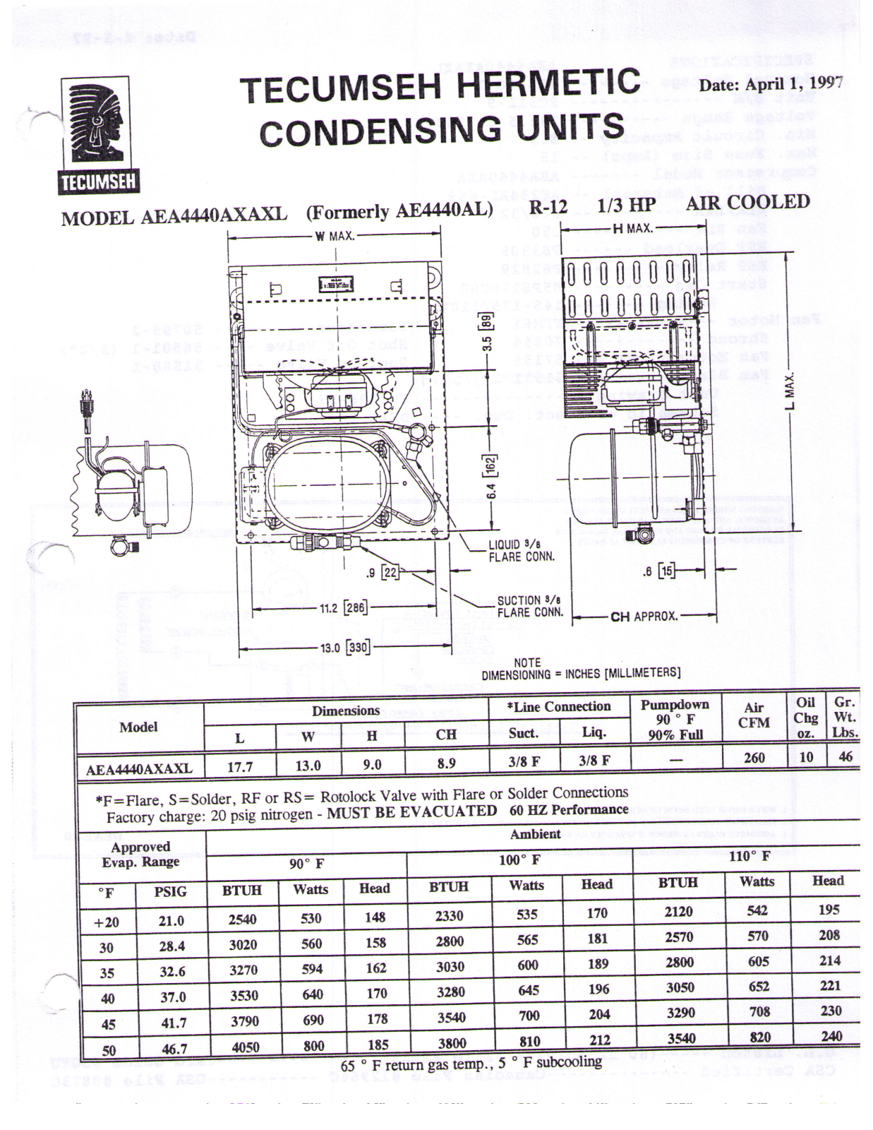 Tecumseh AEA4440AXAXL Performance Data Sheet