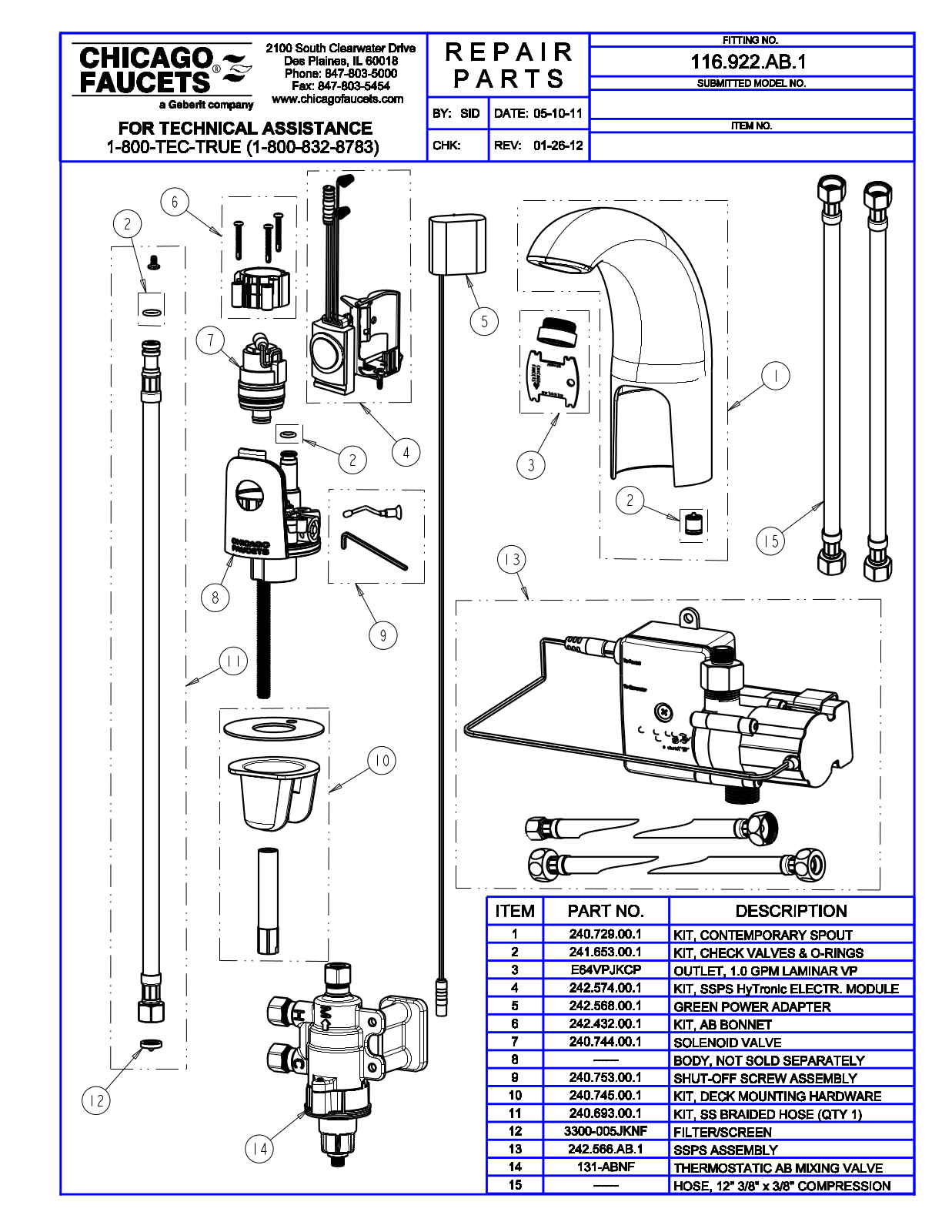 Chicago Faucet 116.922.AB.1 Parts List