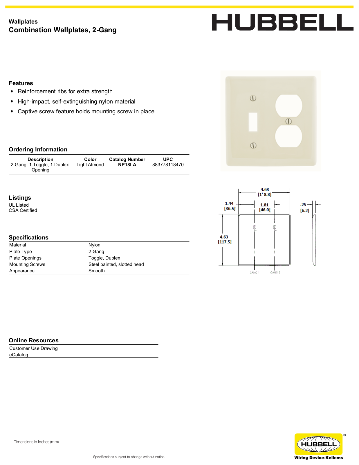 Hubbell NP18LA Specifications