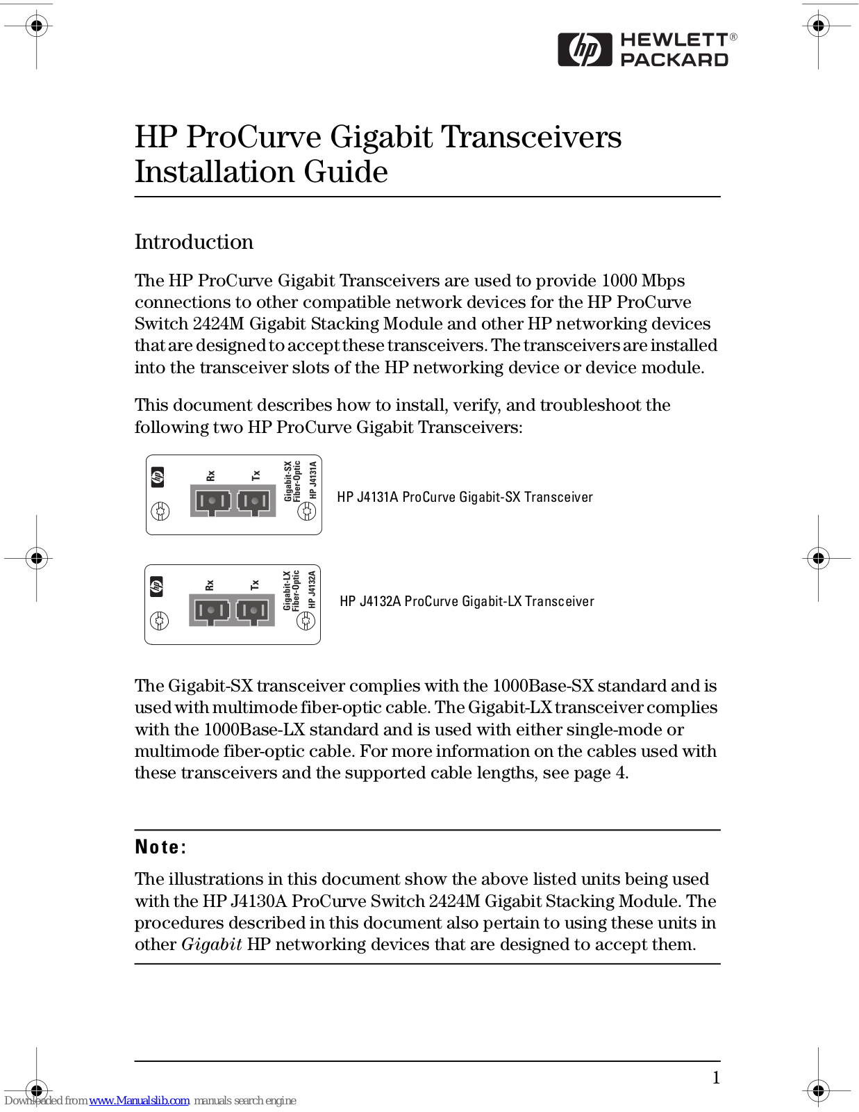 HP ProCurve Gigabit-LX, J4131A, ProCurve Gigabit-SX, J4132A Installation Manual