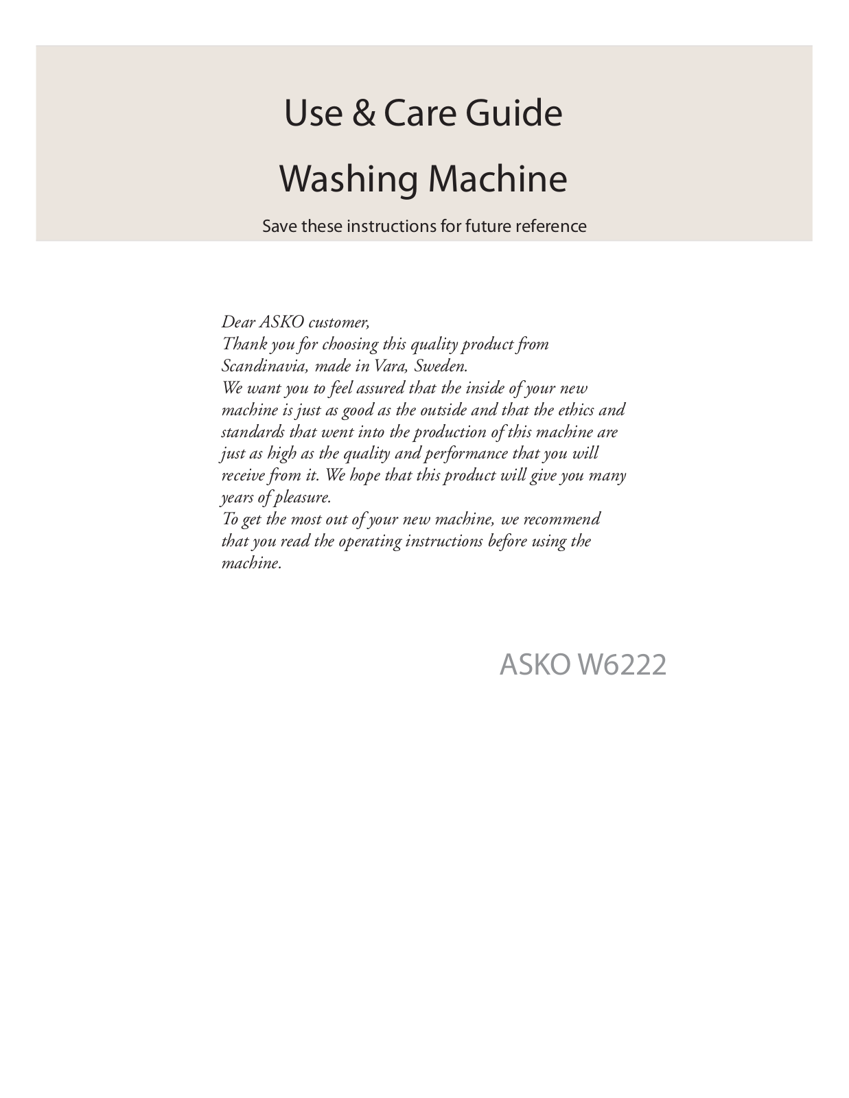 Asko W6222 User Manual