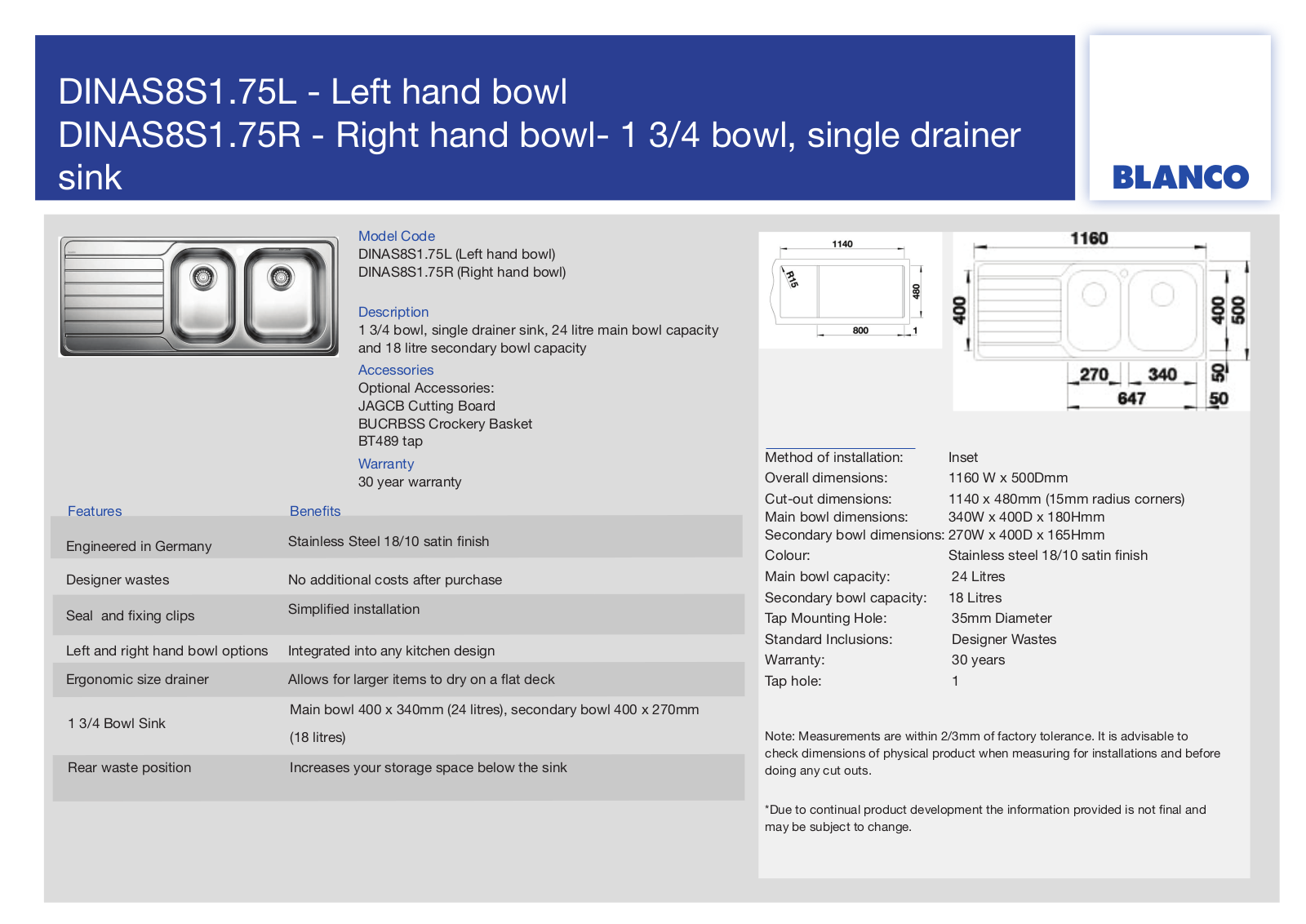 Blanco DINAS8S175LD-BT489, DINAS8S175RD-BT489 User Manual