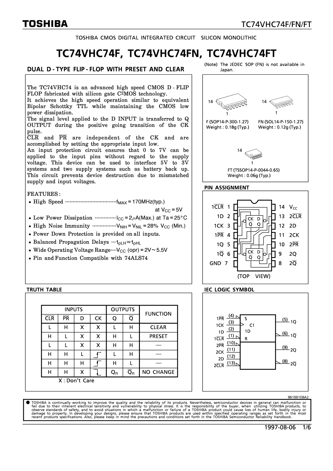 Toshiba TC74VHC74FT, TC74VHC74FN Datasheet