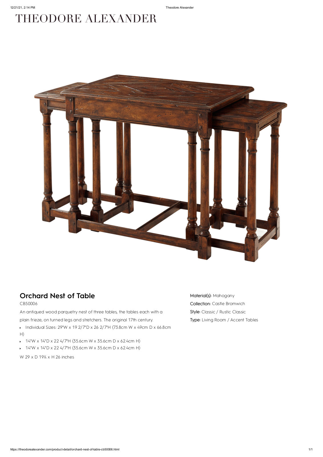 Theodore Alexander FPLJ1148 Specifications - ManualMachine.com