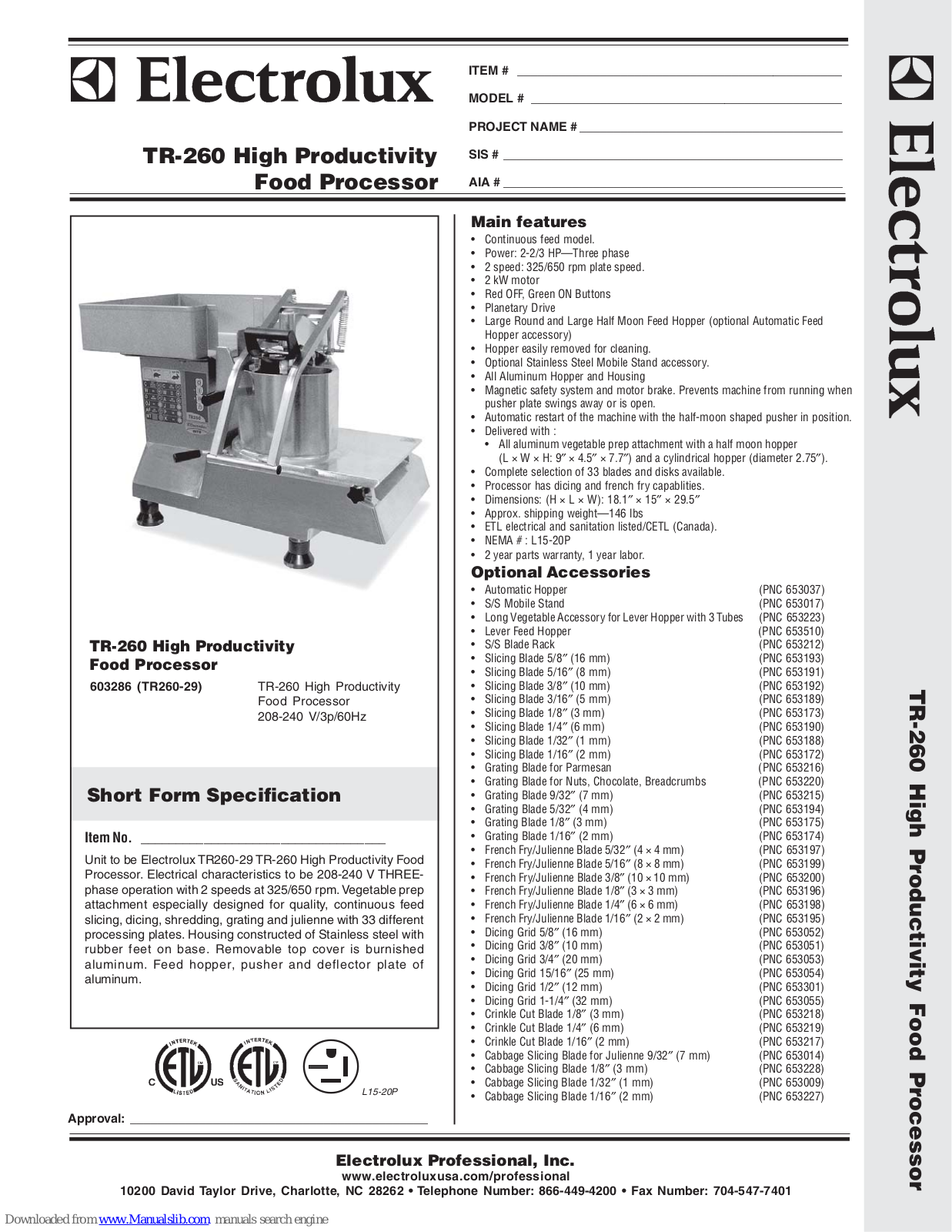 Electrolux Dito 603286, TR260-29, 603286 Specification Sheet