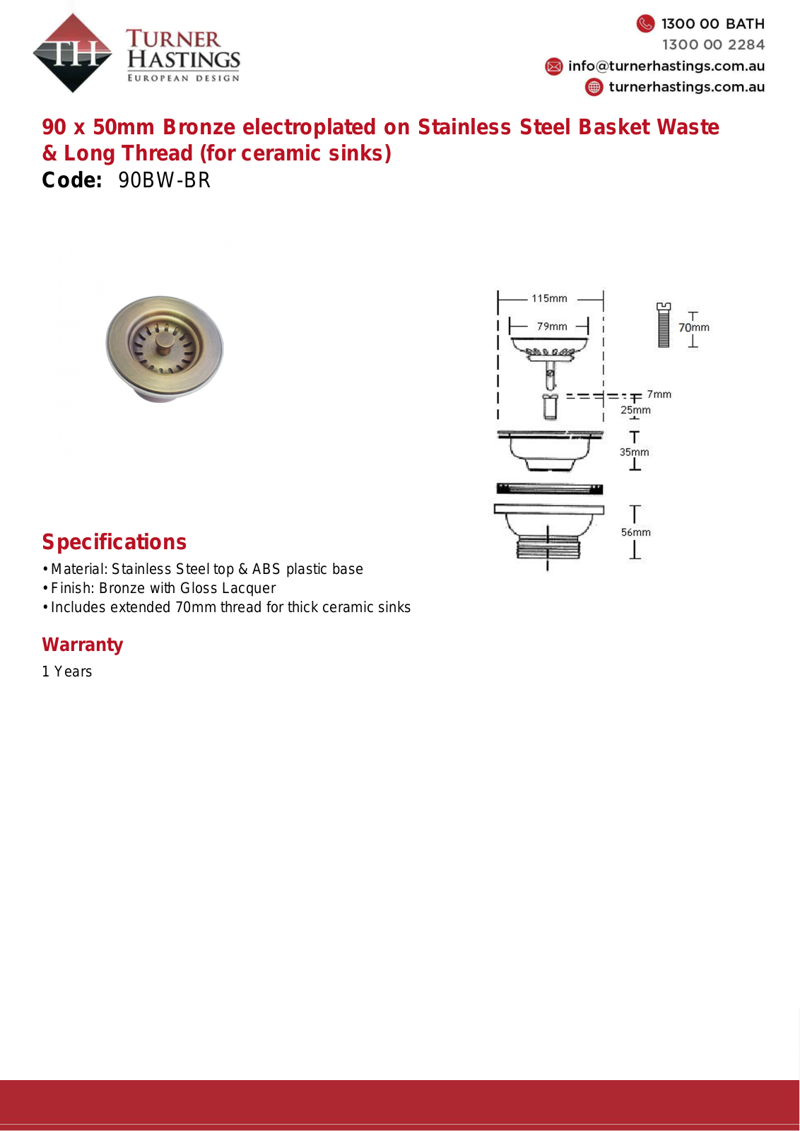 Turner Hastings 90BW-BR Specifications Sheet