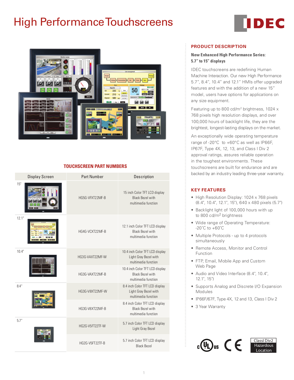 IDEC High Performance Touchscreens Data Sheet