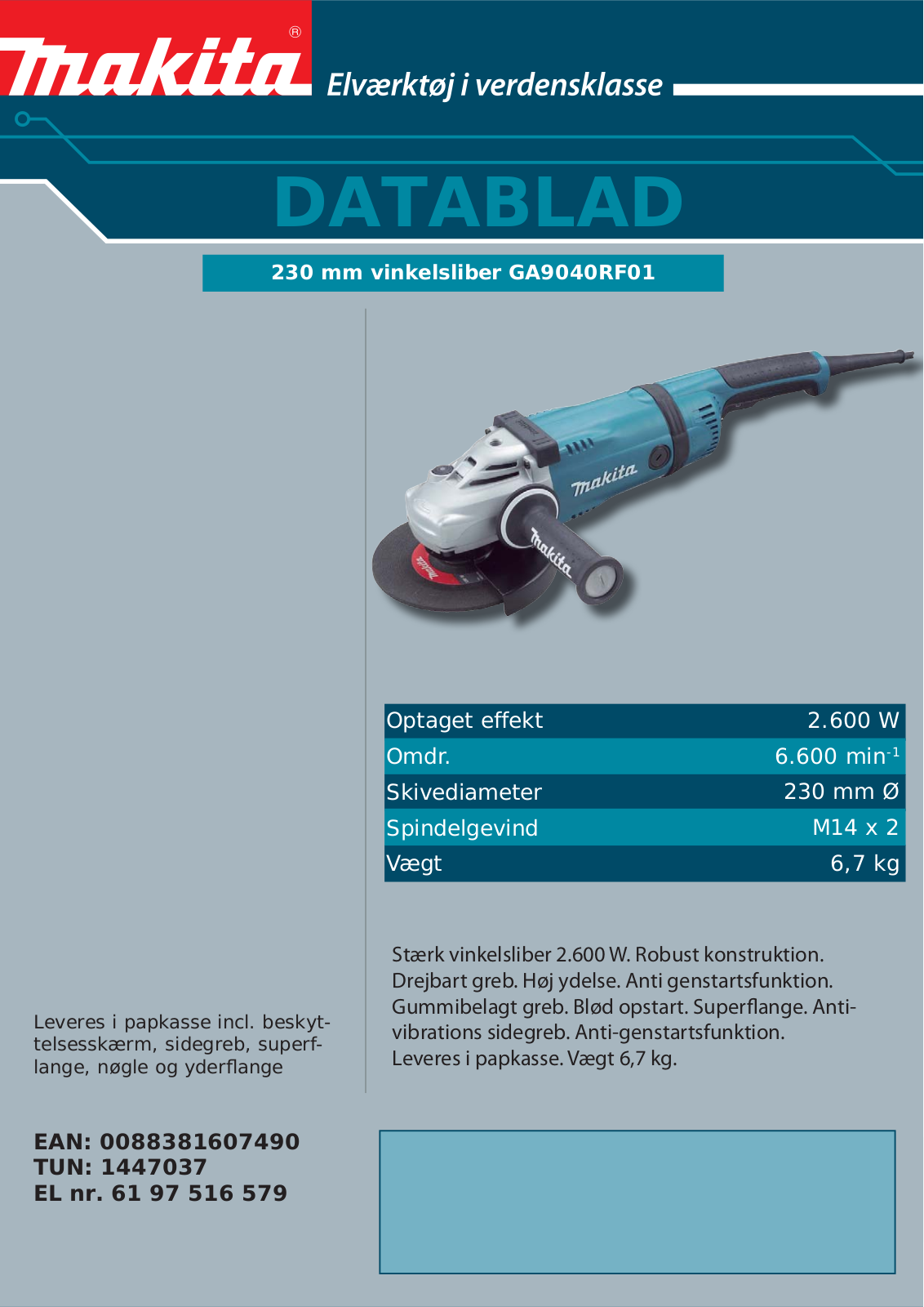 Makita GA9040RF01 DATASHEET