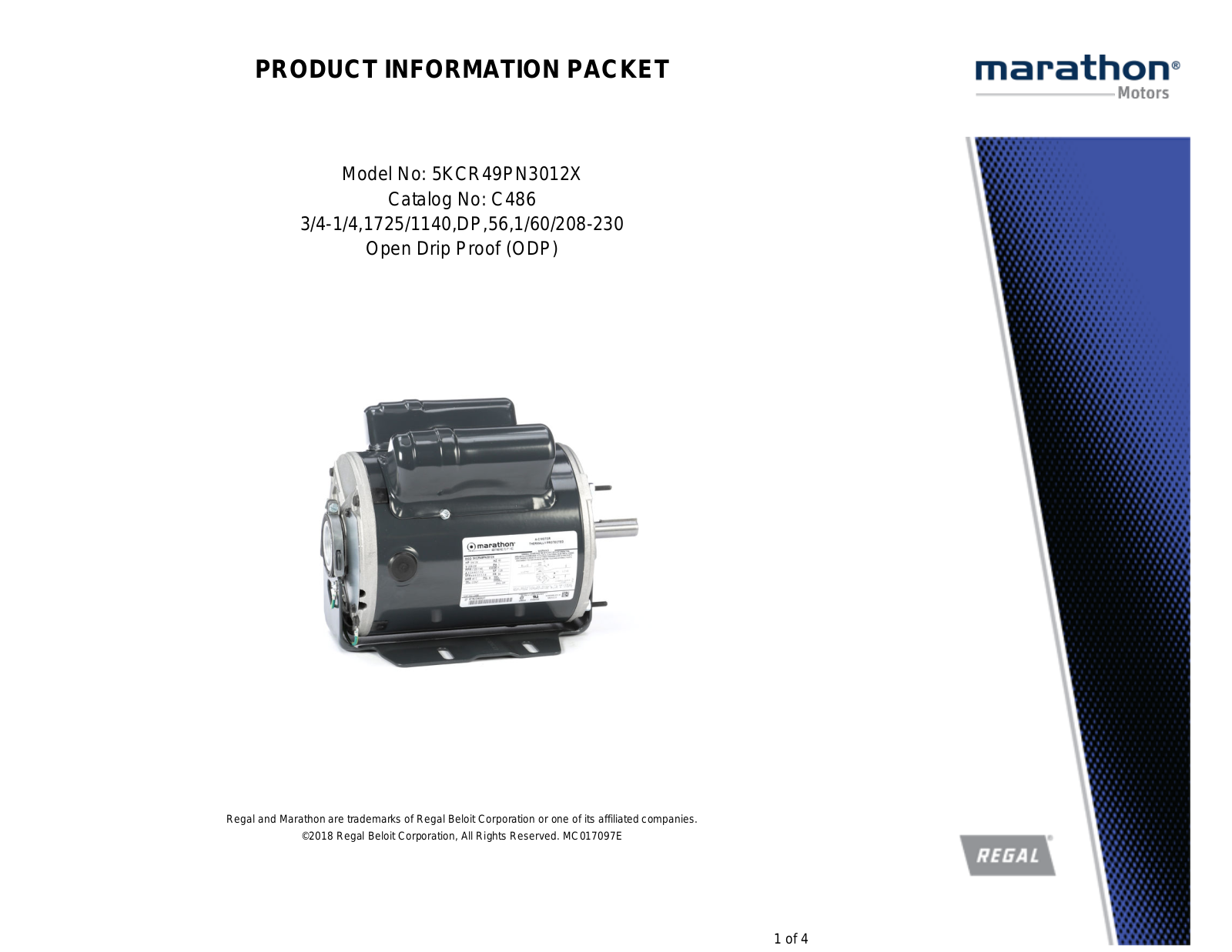 Marathon Electric 5KCR49PN3012X Product Information Packet