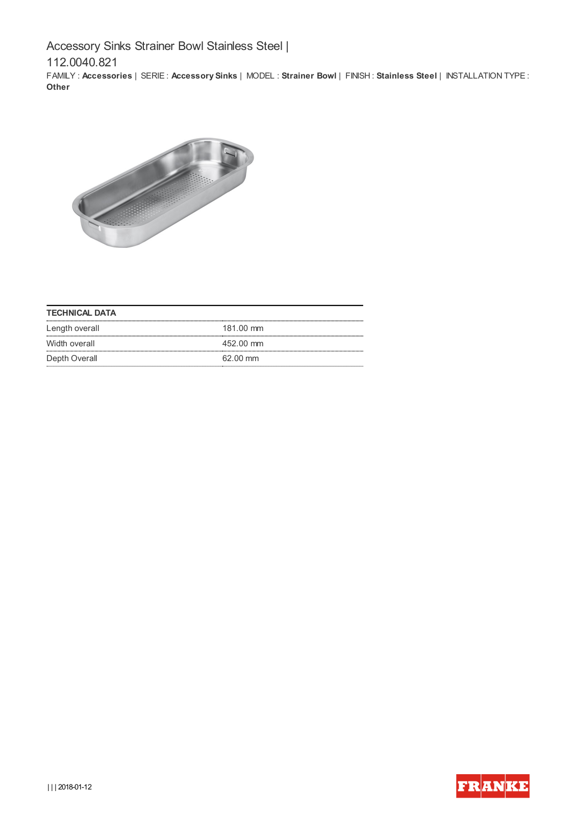 Franke SB821 Specifications Sheet