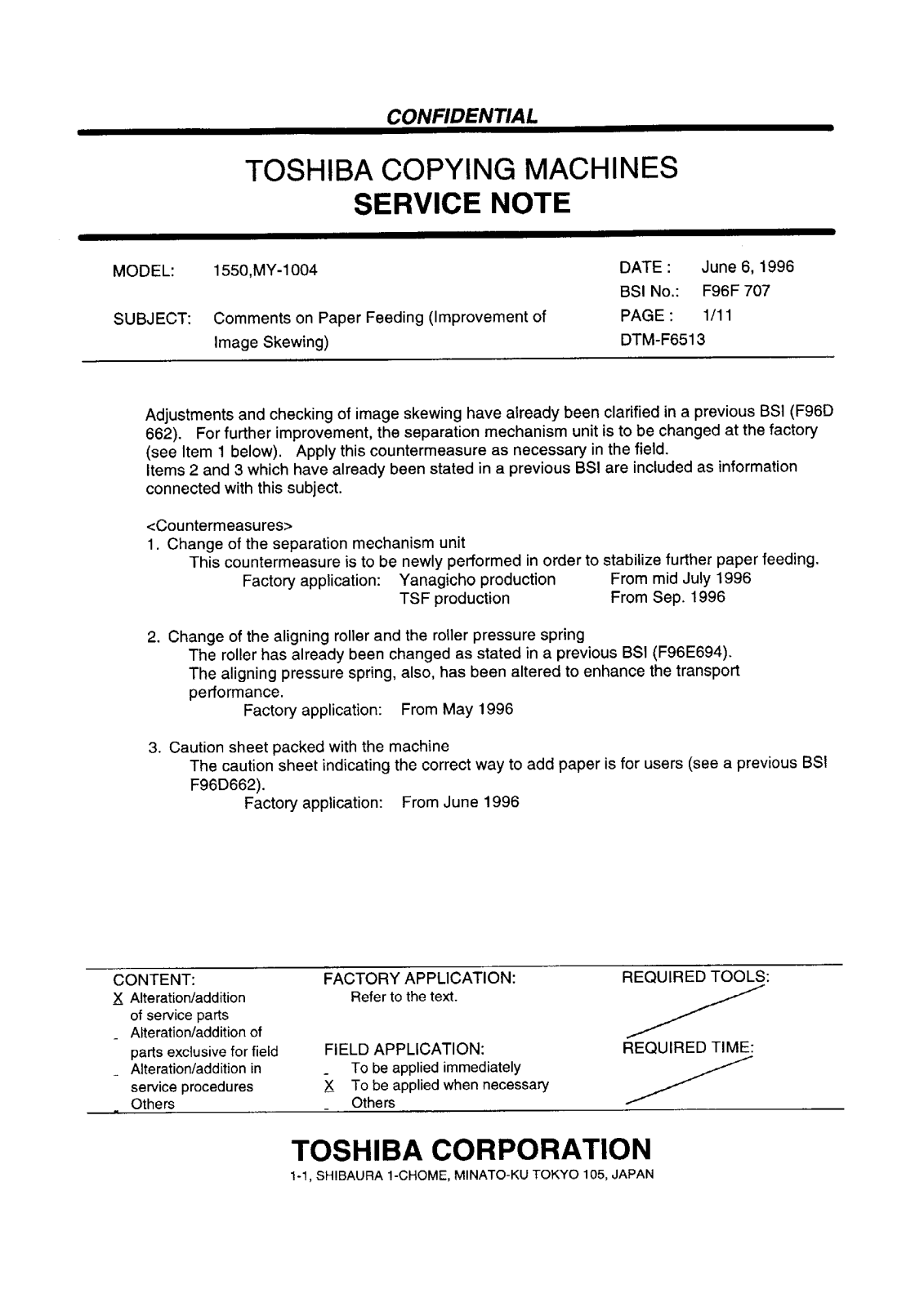 Toshiba f96f707 Service Note