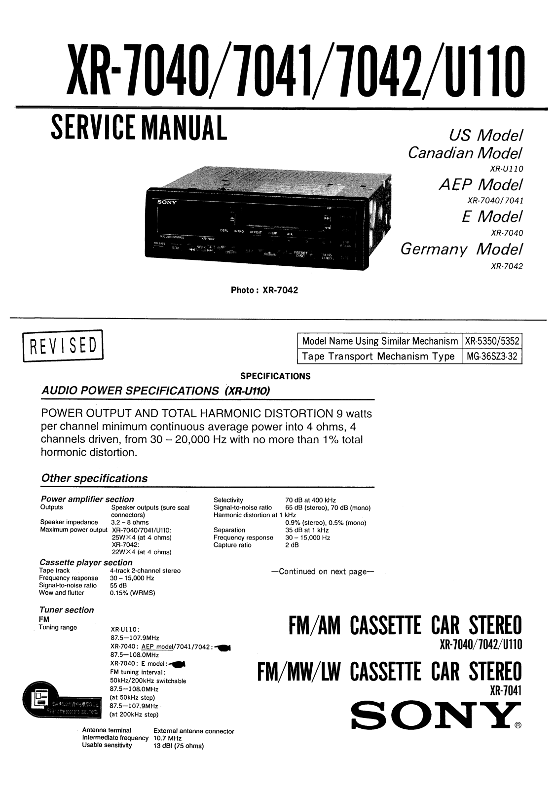 SONY XR-7040, XR-7041, XR-7042, XR-U110 Service Manual