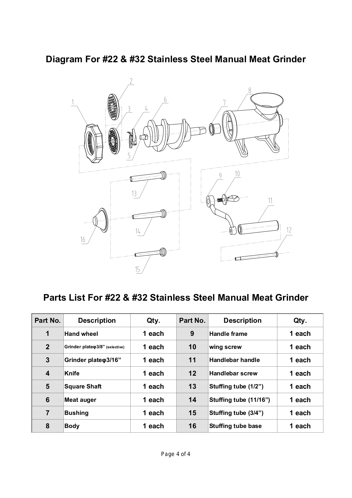 Omcan Food Machinery MG-201032 Parts List