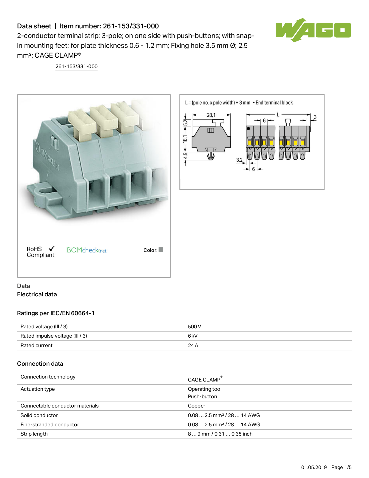 Wago 261-153/331-000 Data Sheet