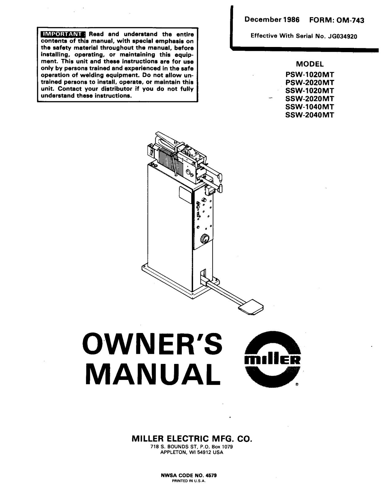 Miller PSW-2020MT Owners manual - ManualMachine.com