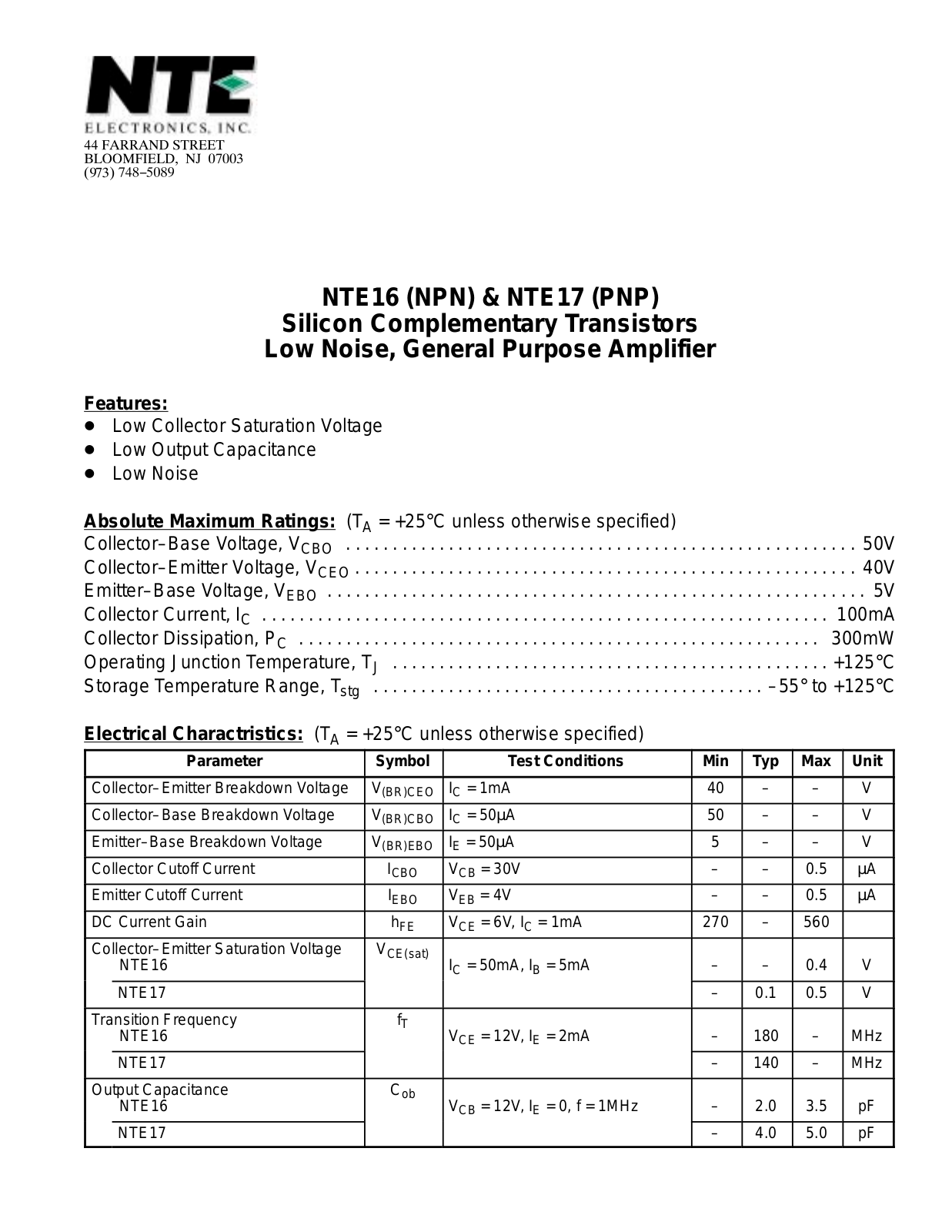 Datasheet NTE16, NTE17 Datasheet (NTE) - ManualMachine.com