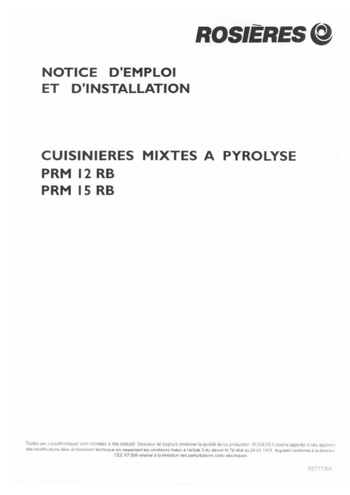 ROSIERES PRM 12 RB, PRM 15 RB User Manual