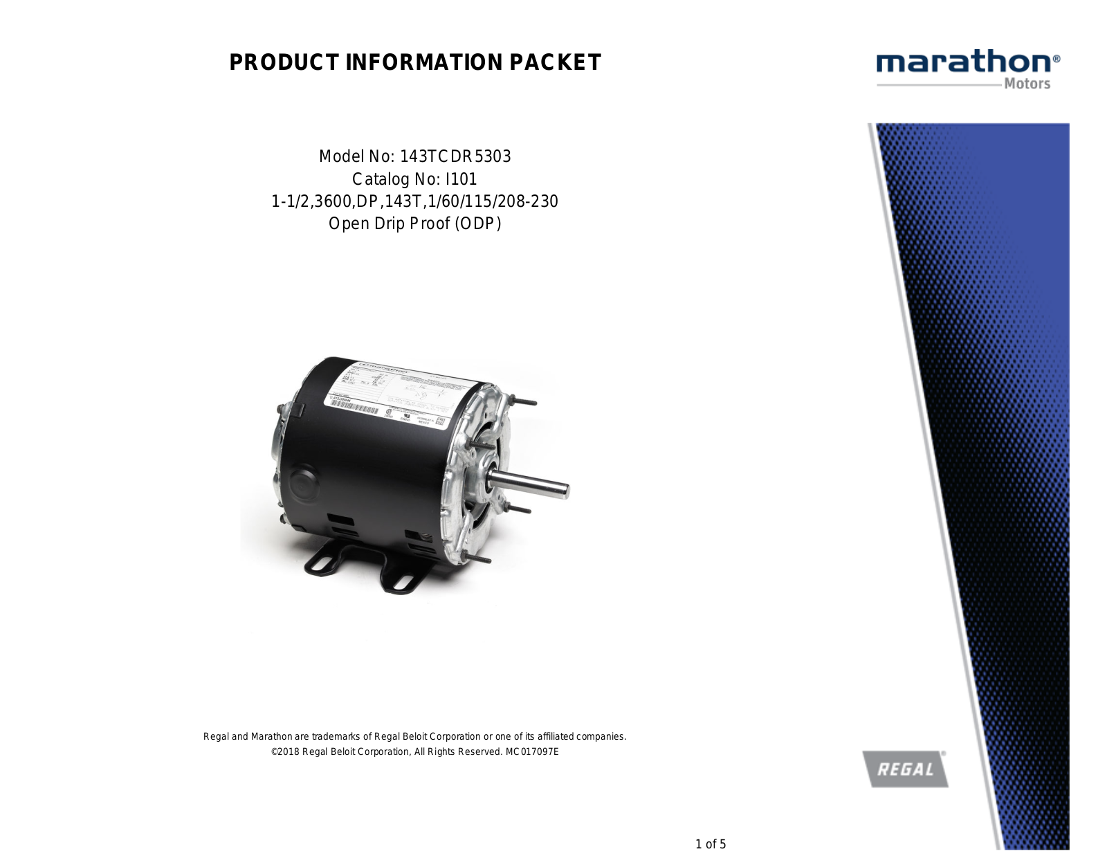 Marathon Electric 143TCDR5303 Product Information Packet