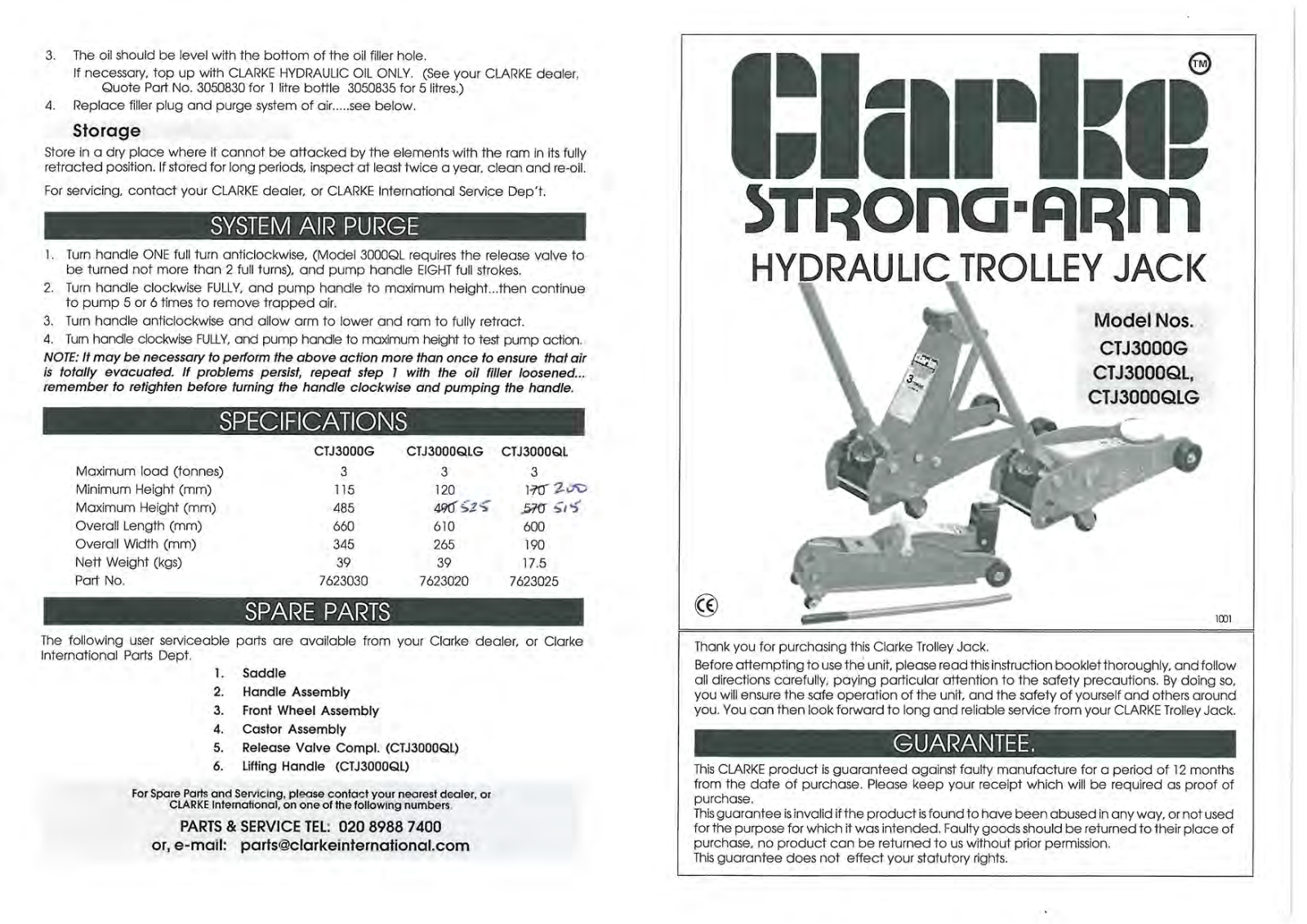 Clarke CTJ 3000QL, 7623025 User guide