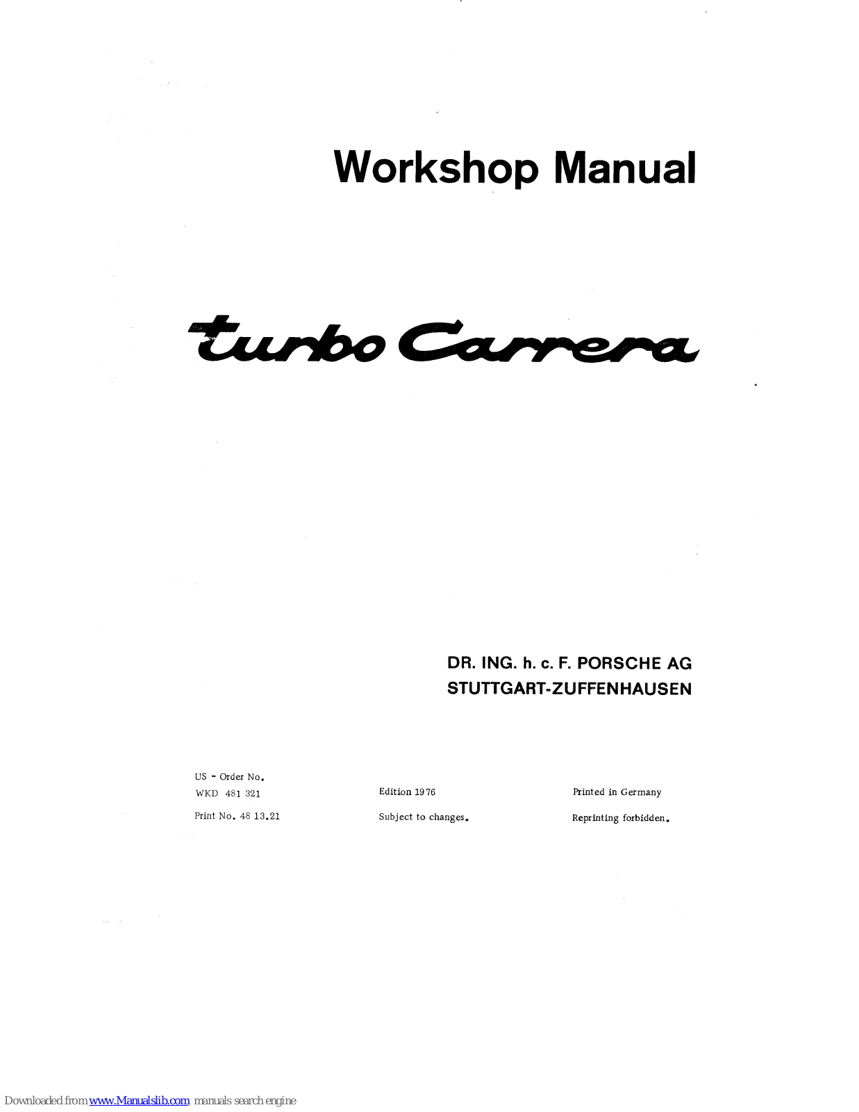 Porsche turbo Carrera Workshop Manual