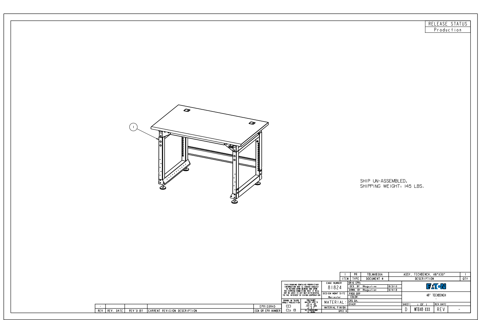 Eaton Benches By Wright Line WTB48-XXX Dimensional Sheet