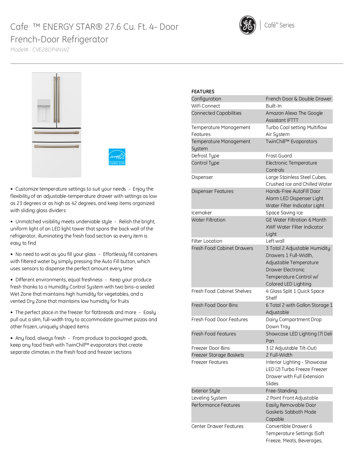 Café CVE28DP4NW2 PRODUCT SPECIFICATIONS