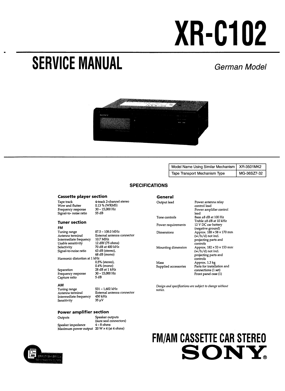 Sony XRC-102 Service manual