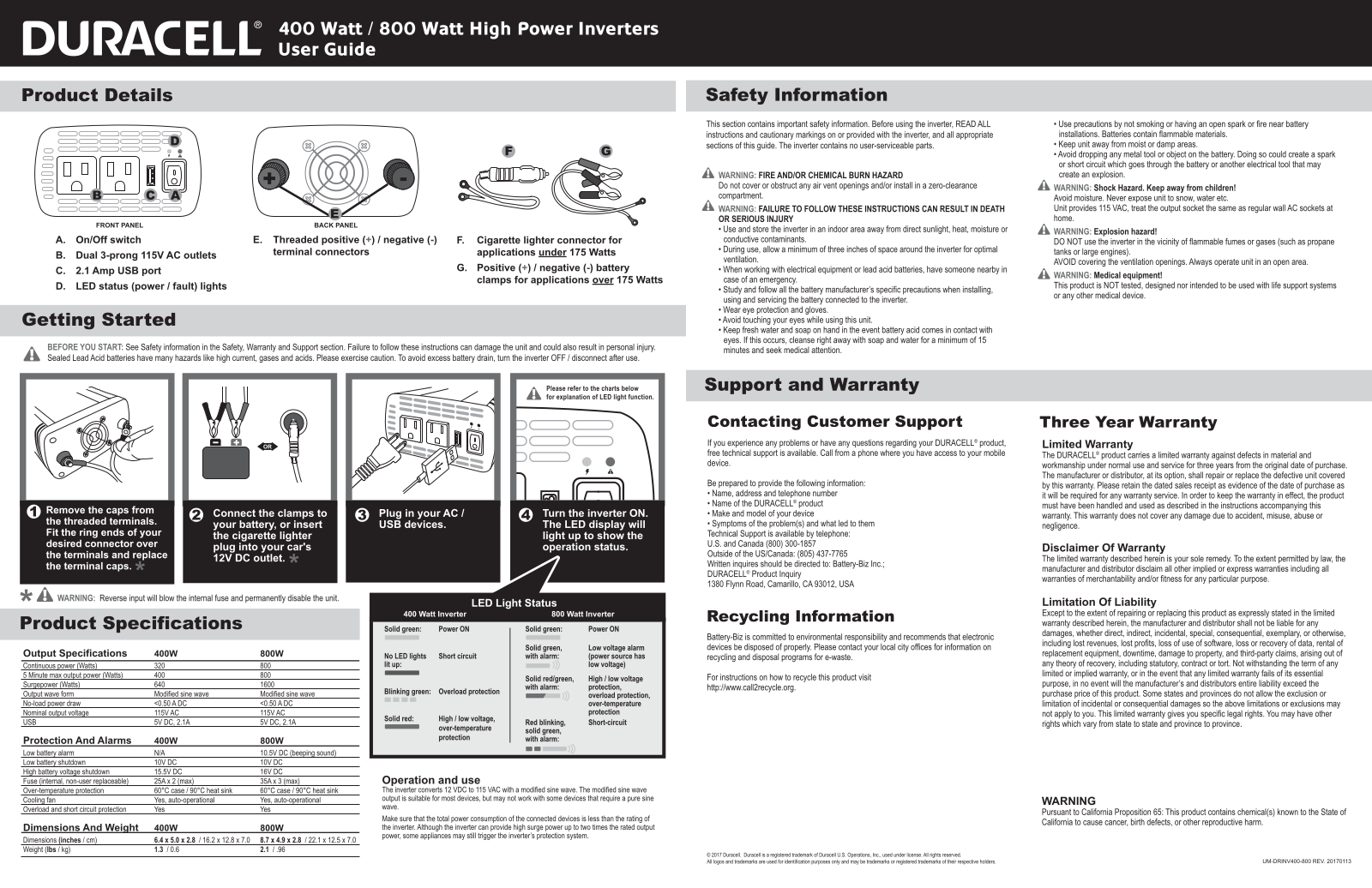 Duracell 400W High Power Inverter, 800W High Power Inverter User Manual