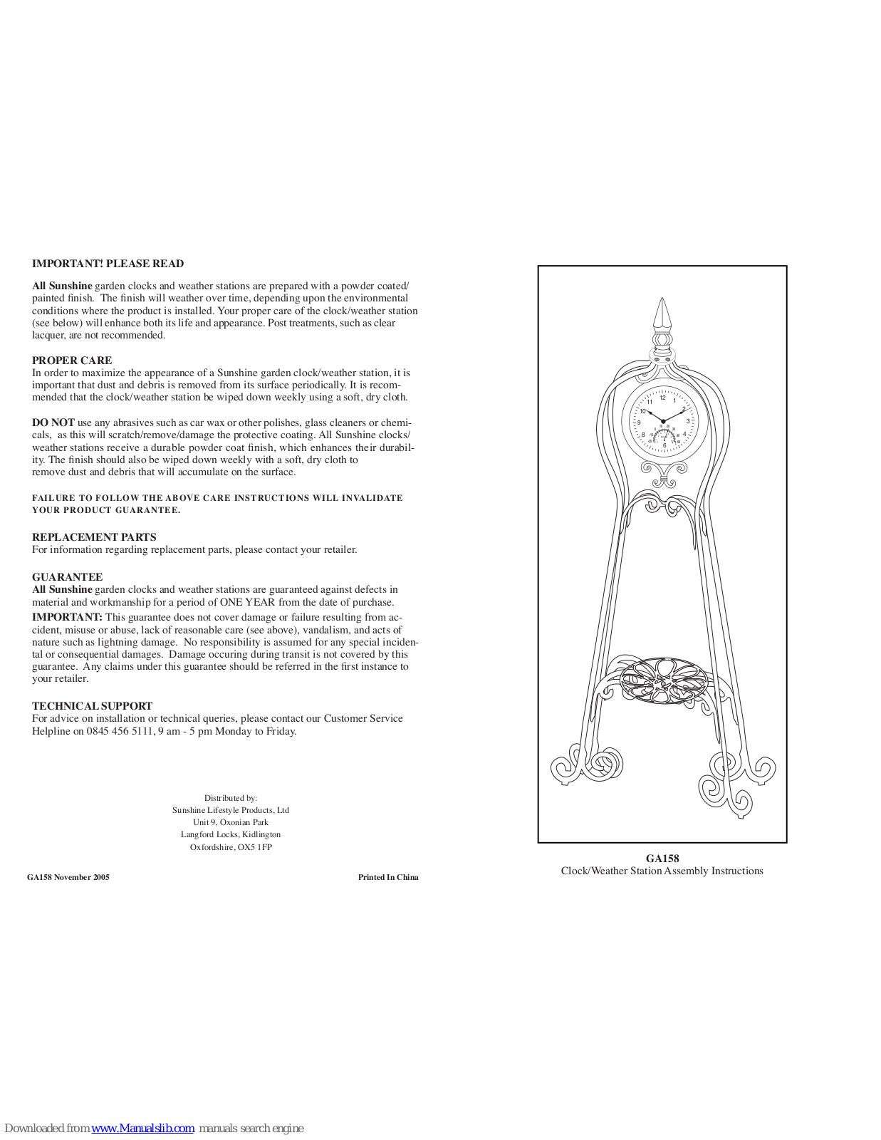 Sunshine GA158 Assembly Instructions Manual