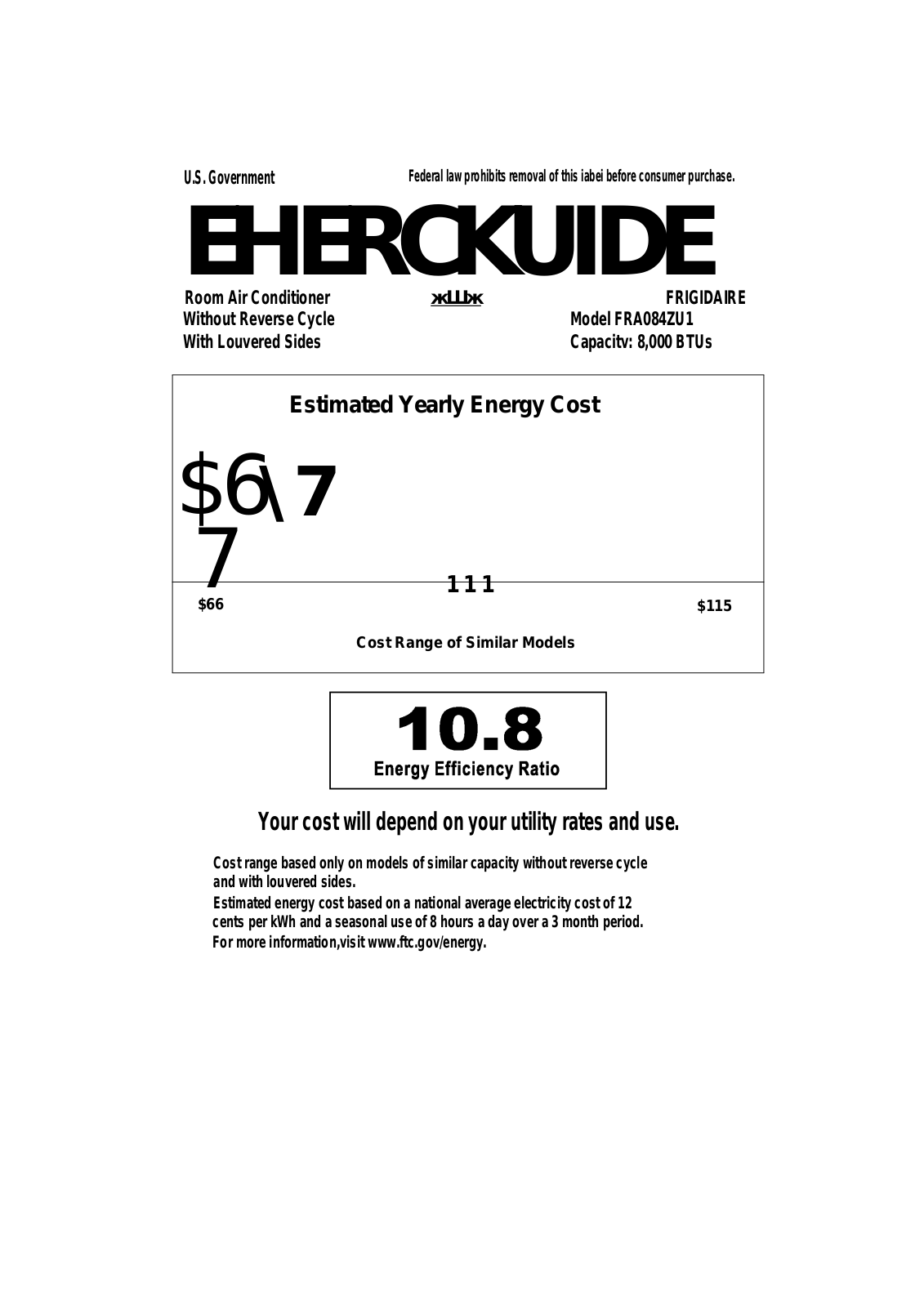 FRIGIDAIRE FRA084ZU1 User Manual