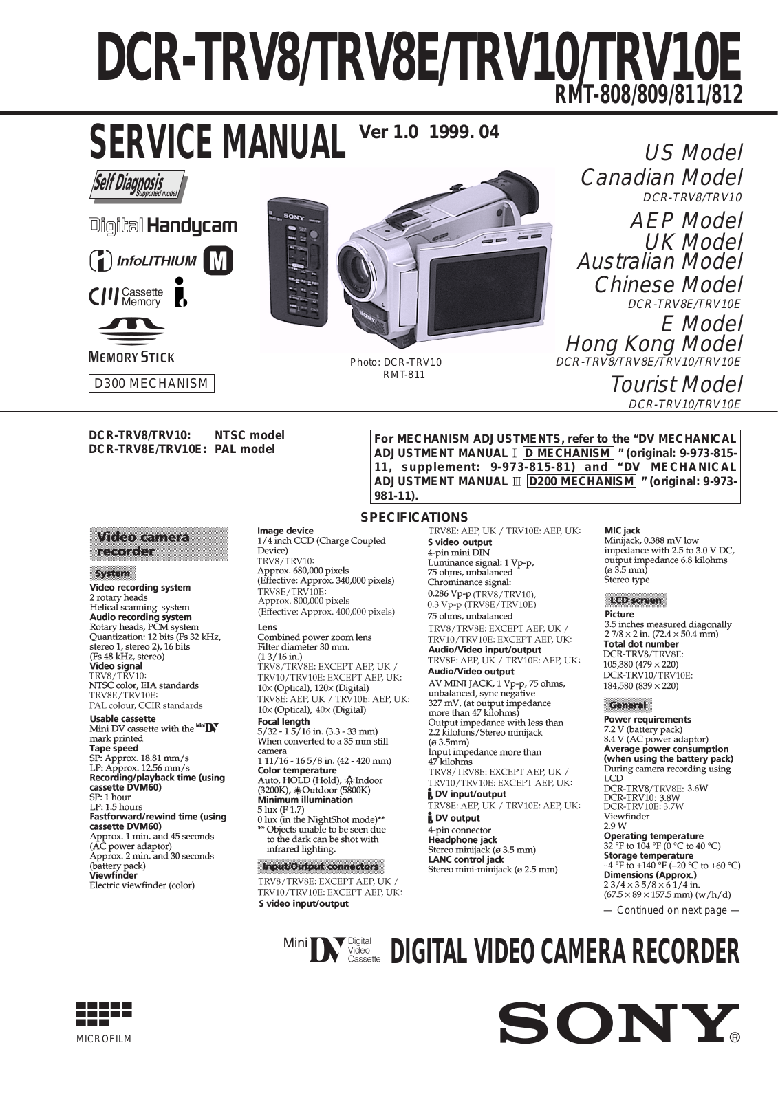 SONY DCR-TRV8, DCR-TRV8X Service Manual