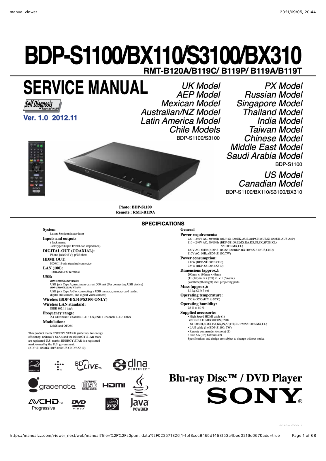 Sony BDP-S1100, BDP-BX110, BDP-BX310, BDP-S3100 Service Manual