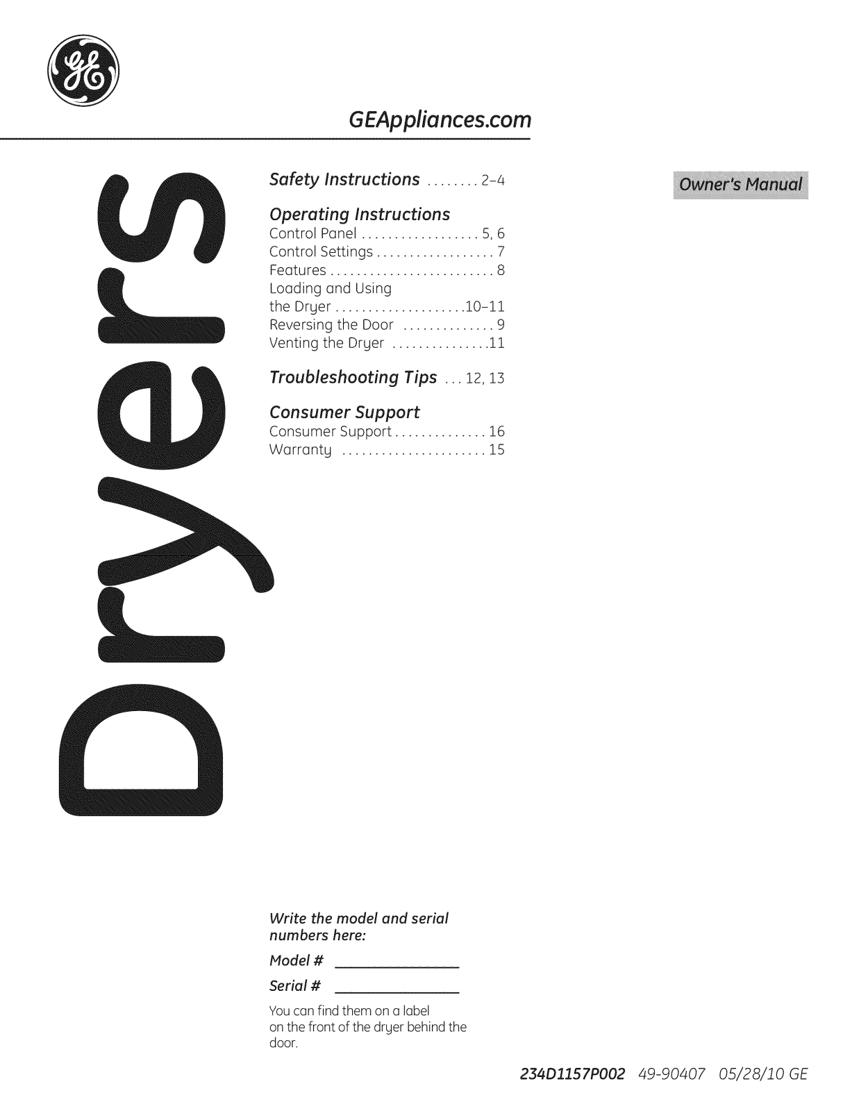 GE GTDX180GD4WW, GTDX180ED5WW, GTDP301GL2WS, GTDP301GL1WS, GTDP301EL2WS Owner’s Manual