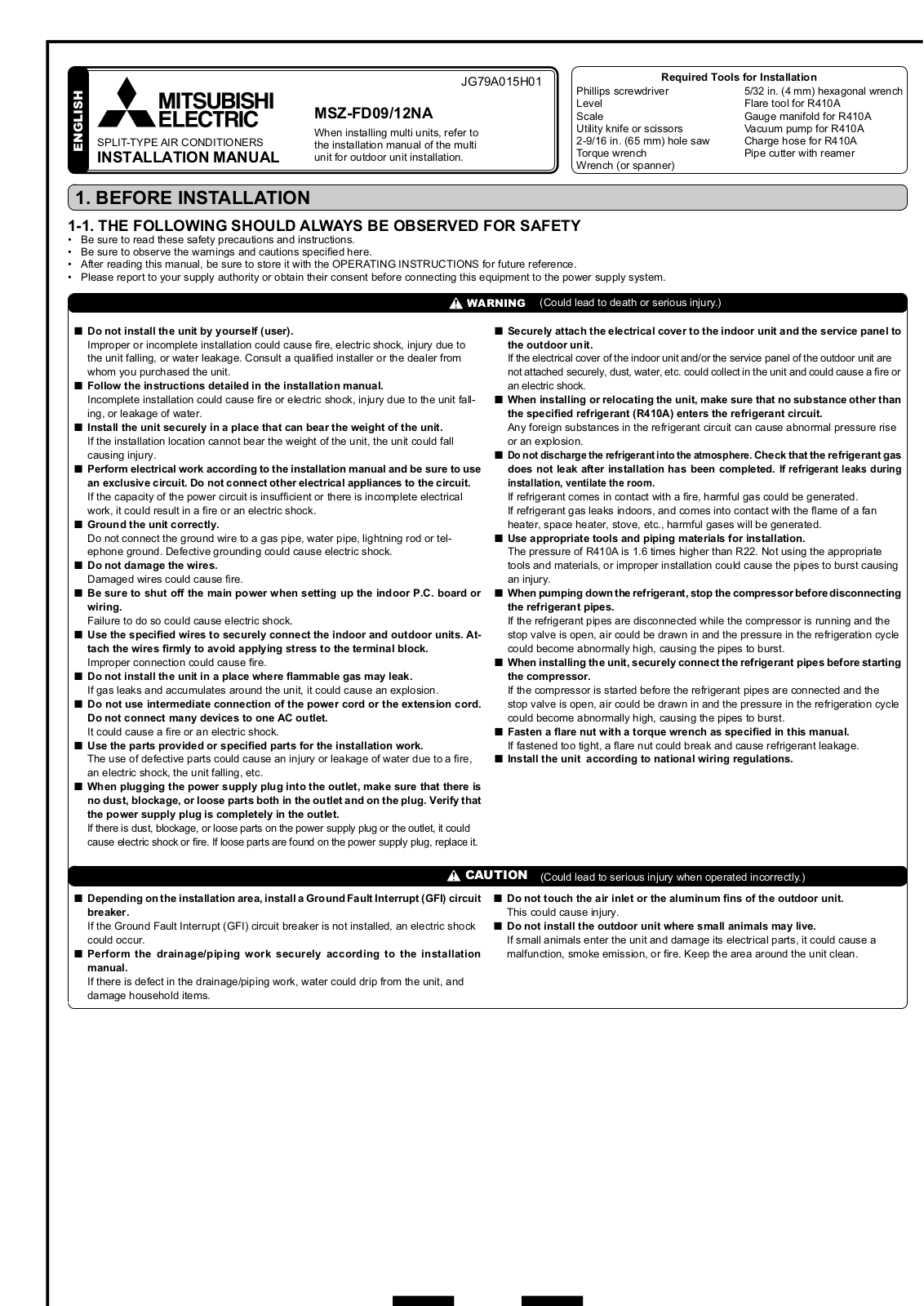 Mitsubishi Electronics MSZ-FD09-12NA User Manual