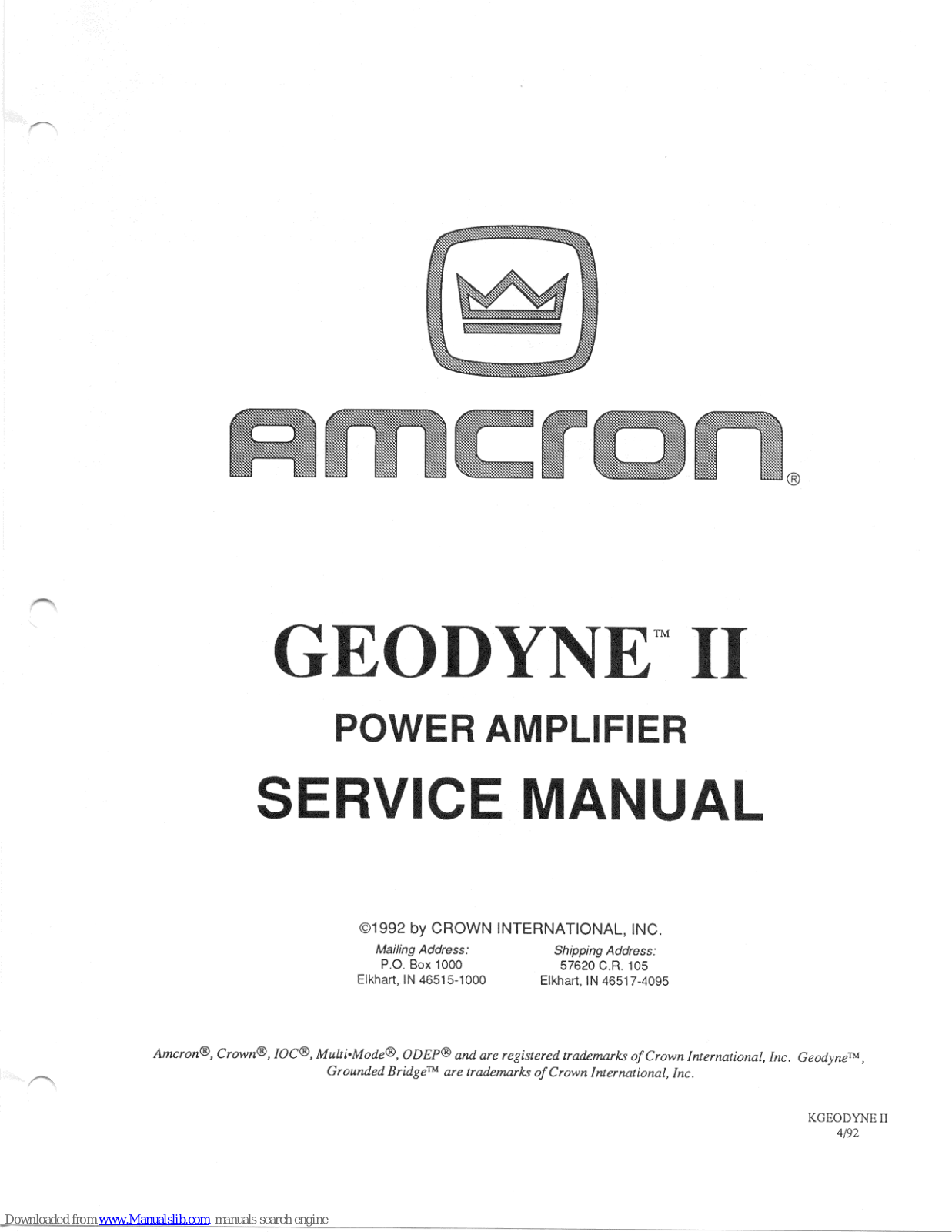 Crown Geodyne II, Amcron Geodyne II Service Manual