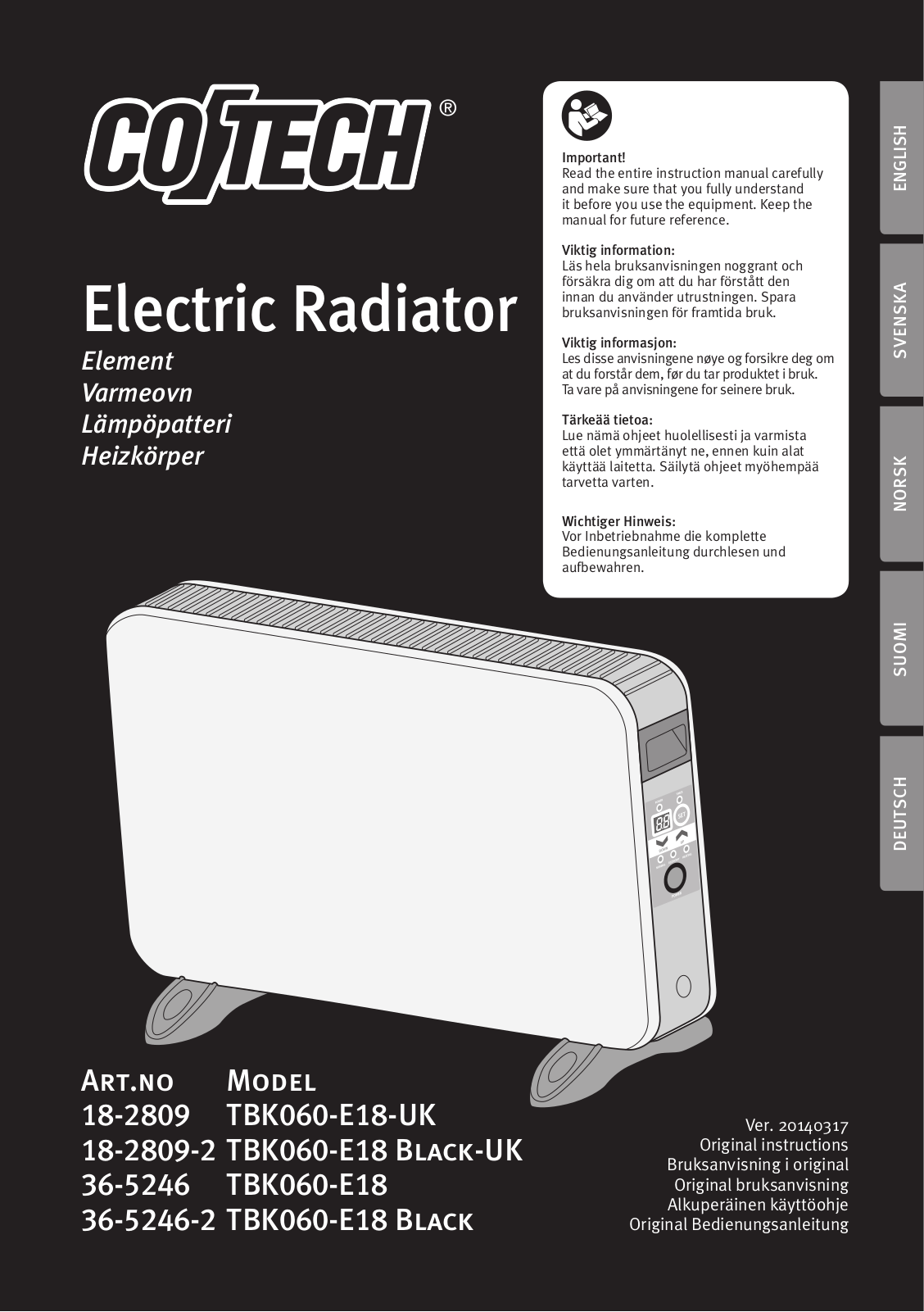 CO/Tech TBK060-E18-UK, TBK060-E18 Black-UK, TBK060-E18 Original Instructions Manual